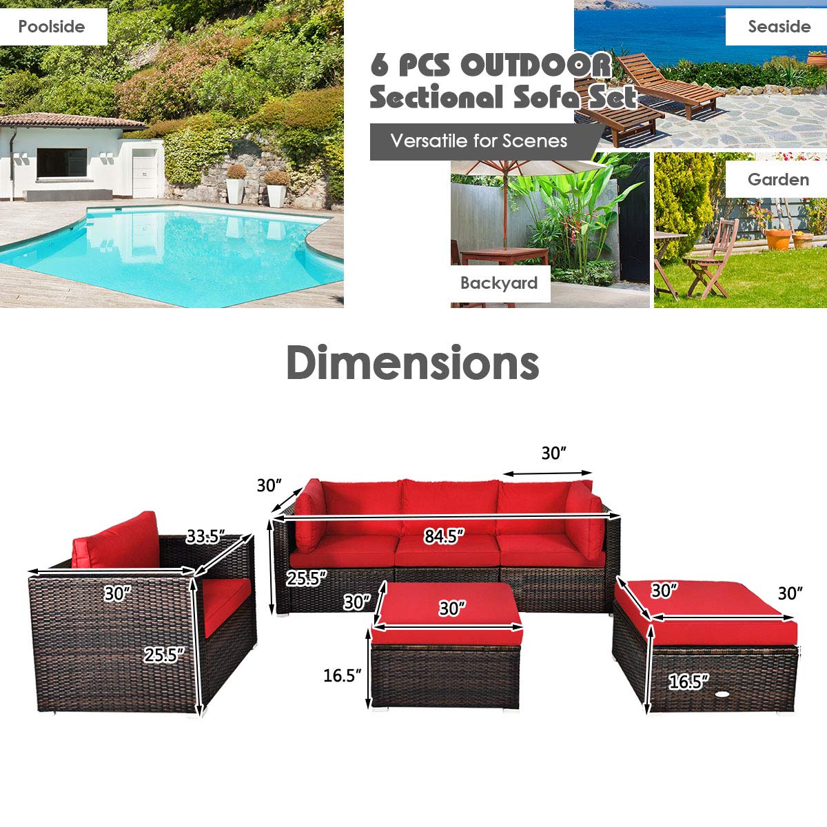 HappyGrill 6-Piece Patio Conversation Set - Outdoor Rattan Wicker Sectional Sofa with Cushions, Coffee Table & Ottoman - Perfect for Backyard, Garden, Poolside & Patio Relaxation
