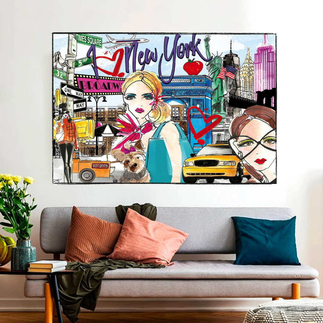 New York Love Canvas Wall Art - Romantic Cityscape Painting for Home Decor, Living Room & Bedroom Wall Art - Perfect Gift for Couples & NYC Lovers