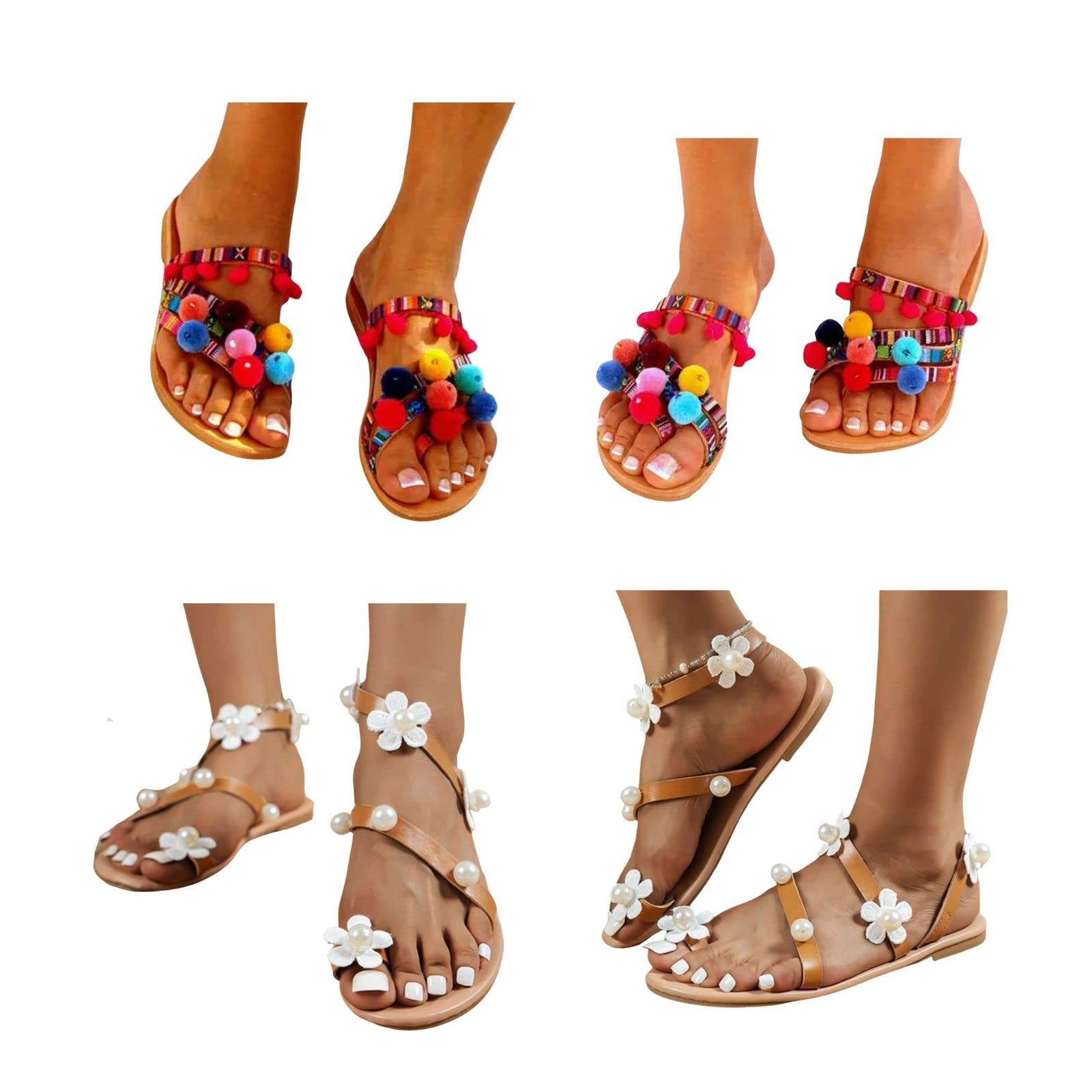 Women's Bohemian Floral Thong Sandals - Comfortable Flat Flip Flops with Plush Ball & Pearl Accents - Perfect for Beach, Summer Vacation, Poolside & Casual Outings