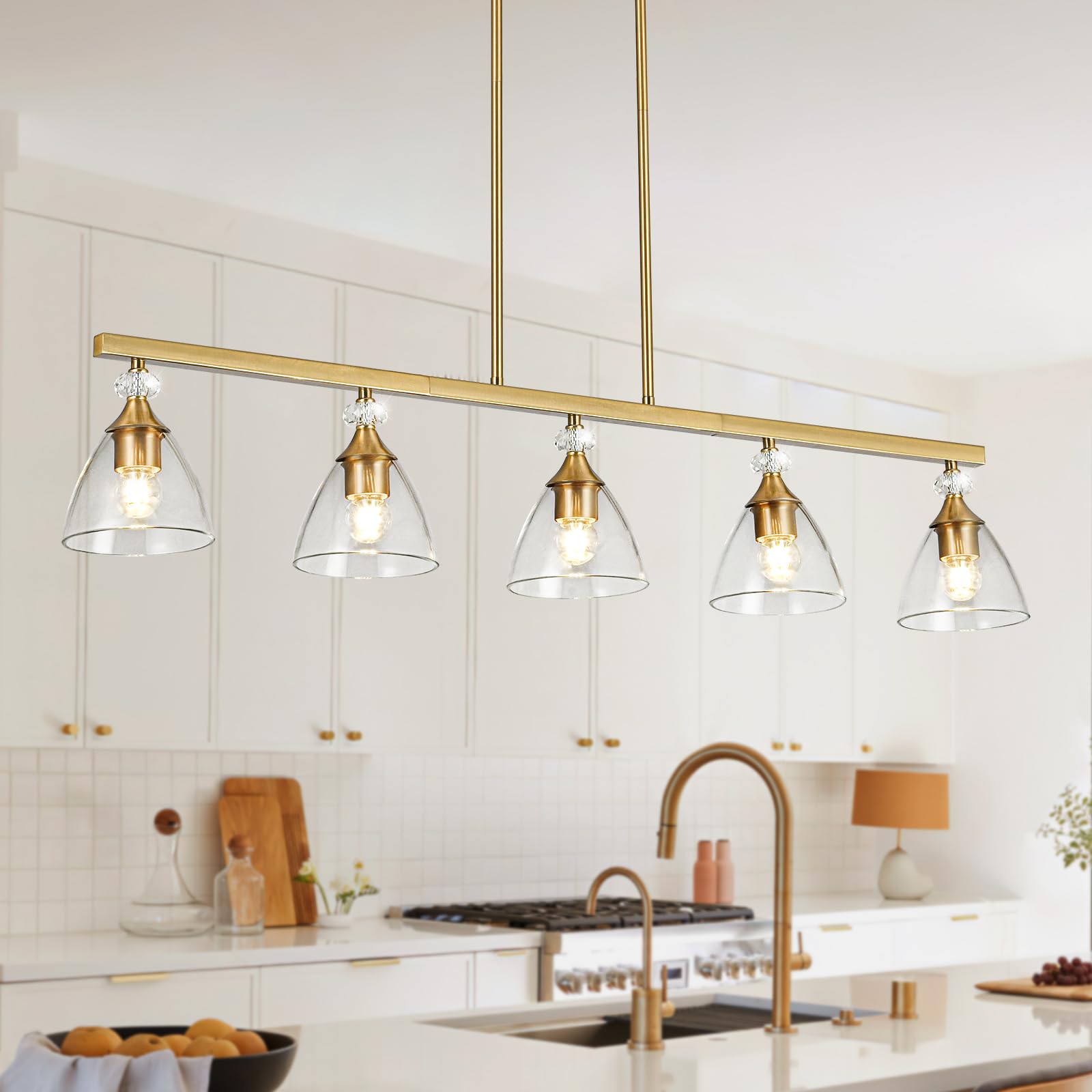 5-Light Gold Finish Kitchen Island Pendant Lighting with Clear Glass Shades - Modern Chandelier for Dining Room, Kitchen Island, Living Room, Bar Counter & Entryway Lighting Decor