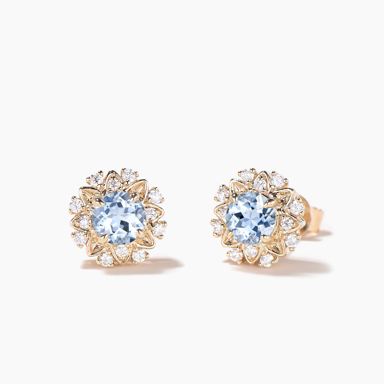 Round Cut Aquamarine Stud Earrings with Diamond Cluster Flower Design - Elegant Jewelry for Women, Perfect for Weddings, Parties & Everyday Wear