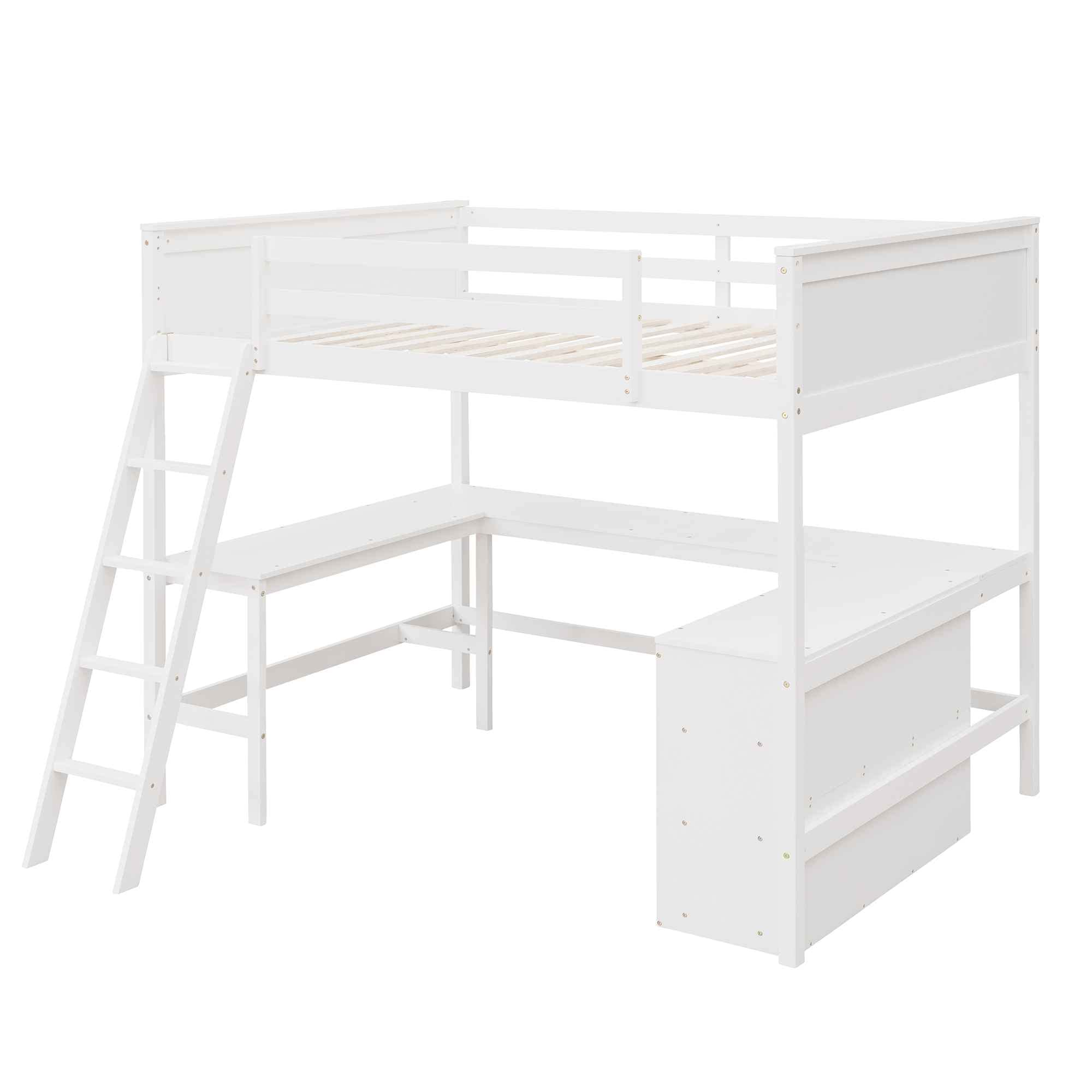 **Full Size Loft Bed with 3 Storage Shelves & Long Desk - Solid Pinewood Bed Frame with Ladder & Safety Guardrails - Space-Saving Kids & Adult Bedroom Furniture - No Box Spring Needed - White - Perfect for Small Rooms, Dorms & Apartments**