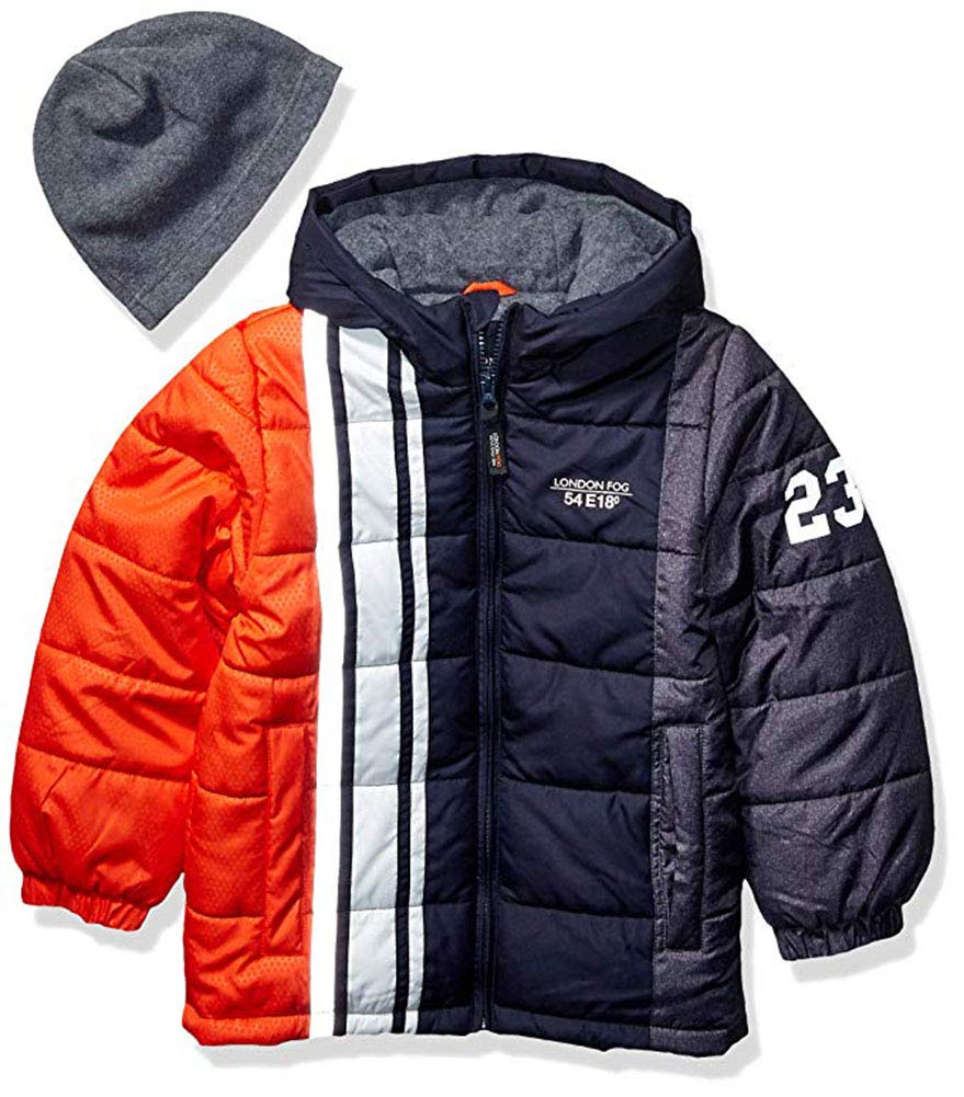London Fog Boys' Color Block Puffer Jacket with Hood - Winter Outerwear for Kids