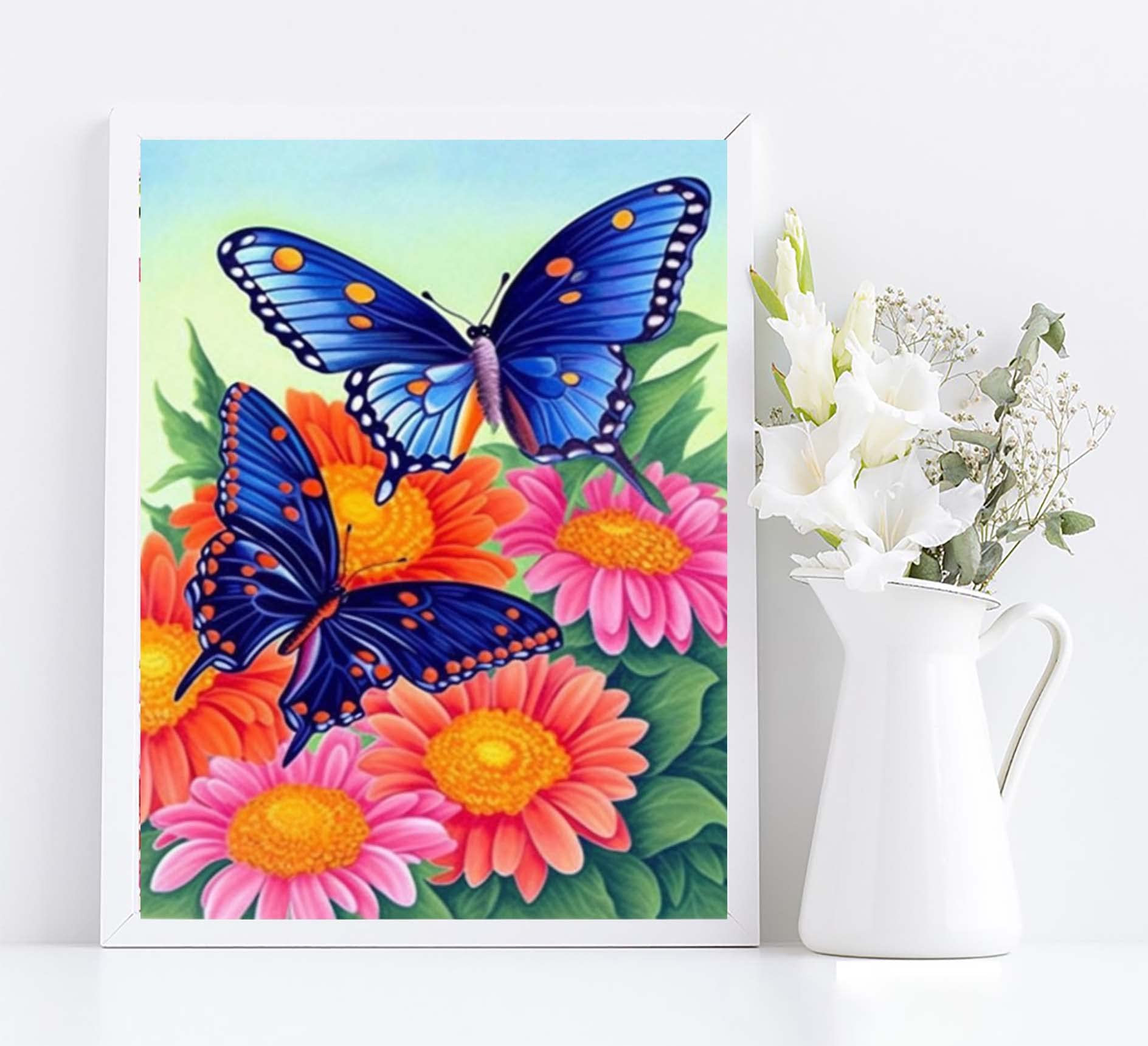 DIY Oil Painting by Numbers Kit for Adults & Kids - Spring Blue Butterfly Acrylic Paint Set for Beginners, Flowers & Animals Theme, 16x20 Inch Canvas for Home Wall Decor | Perfect for Relaxation, Stress Relief & Creative Gift Ideas