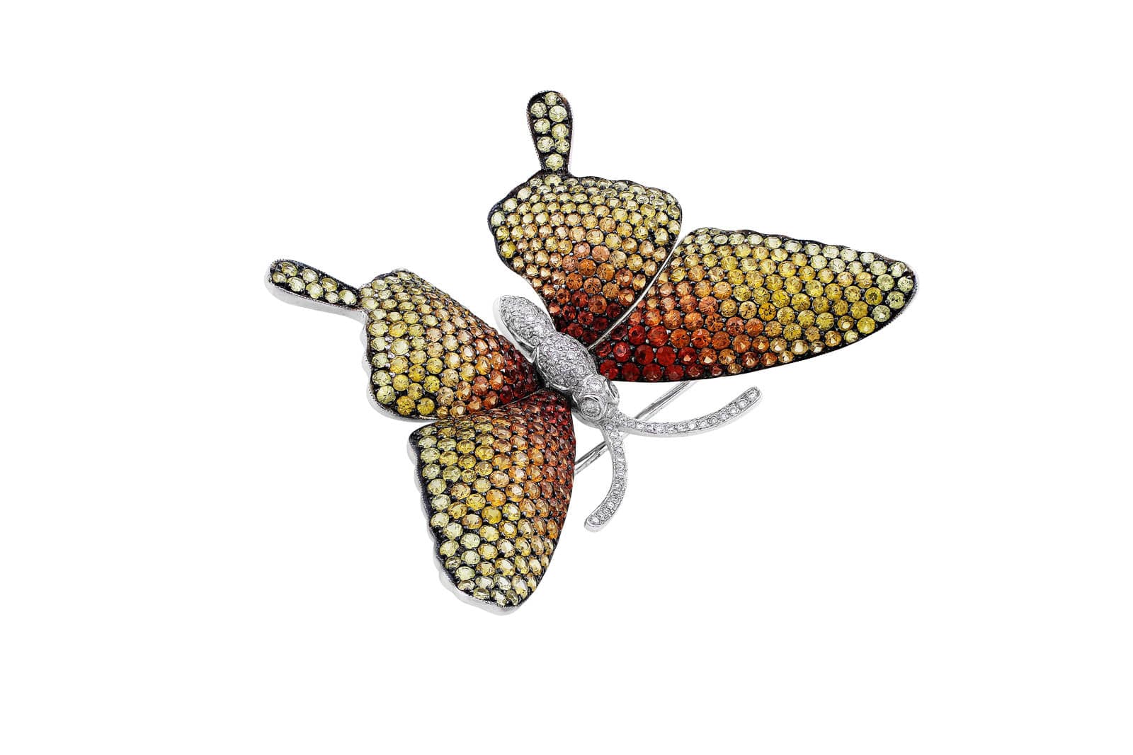 18K White Gold Yellow & Orange Sapphire Butterfly Brooch Pin - Elegant Jewelry Gift for Women, Perfect for Weddings, Parties & Special Occasions