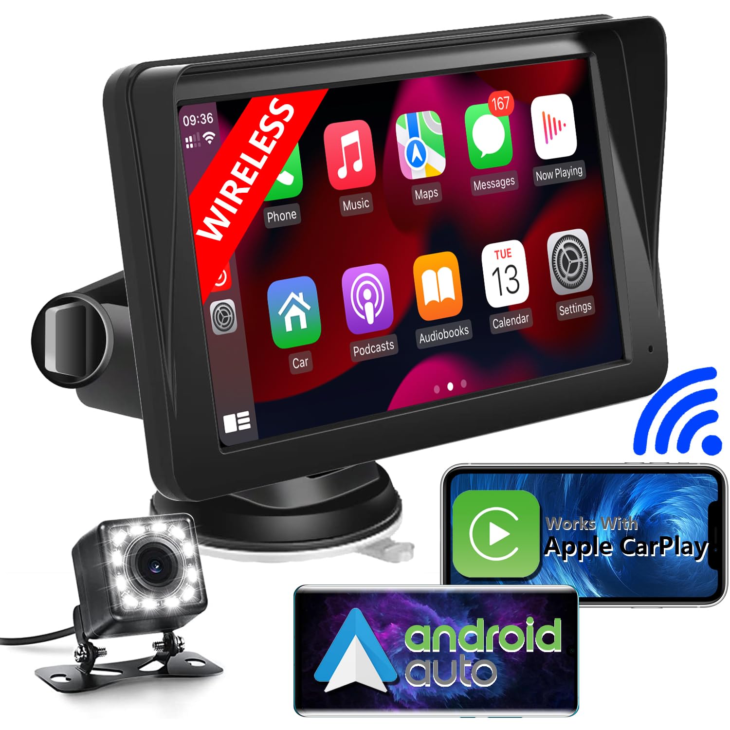 7-inch Portable Car Stereo with Wireless CarPlay & Android Auto - IPS Full Touch Screen, Backup Camera, Mirror Link, Siri, Bluetooth, GPS Navigation - Compatible with All Vehicles - Perfect for Road Trips, Commuting & Hands-Free Driving