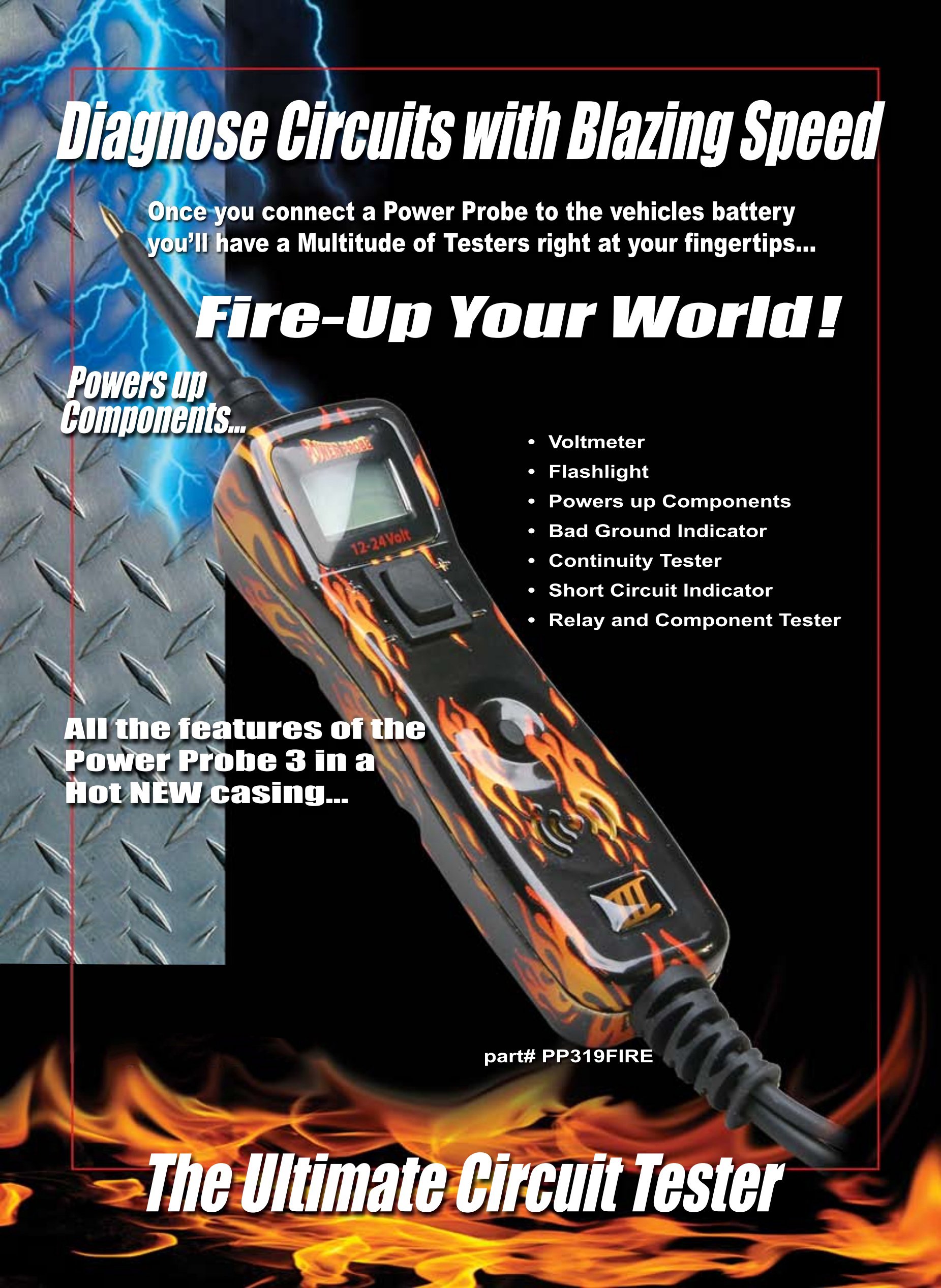 Power Probe III with Case & Accessories - Fire (PP319FIRE) | Automotive Diagnostic Test Tool | Digital Volt Meter | AC/DC Current Resistance Tester | Circuit Tester for Car Repair & Electrical Troubleshooting