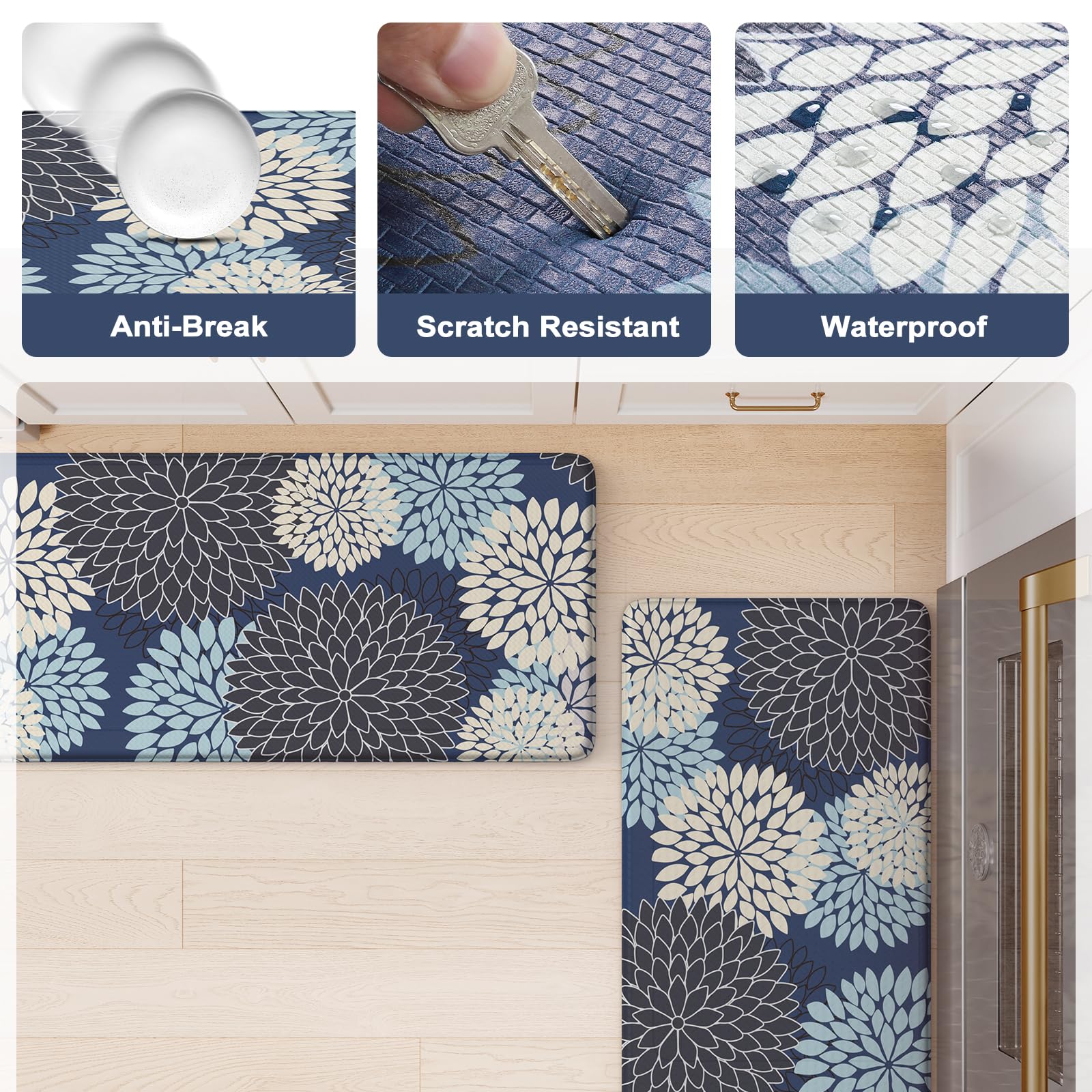 Anti-Fatigue Kitchen Mats 2-Pack - Non-Slip Boho Farmhouse Rugs with Cushioned Support & Waterproof Rubber Backing for Standing Comfort in Kitchen, Laundry, Sink & Office (Multi-Blue) - Perfect for Cooking, Dishwashing & Long Work Hours