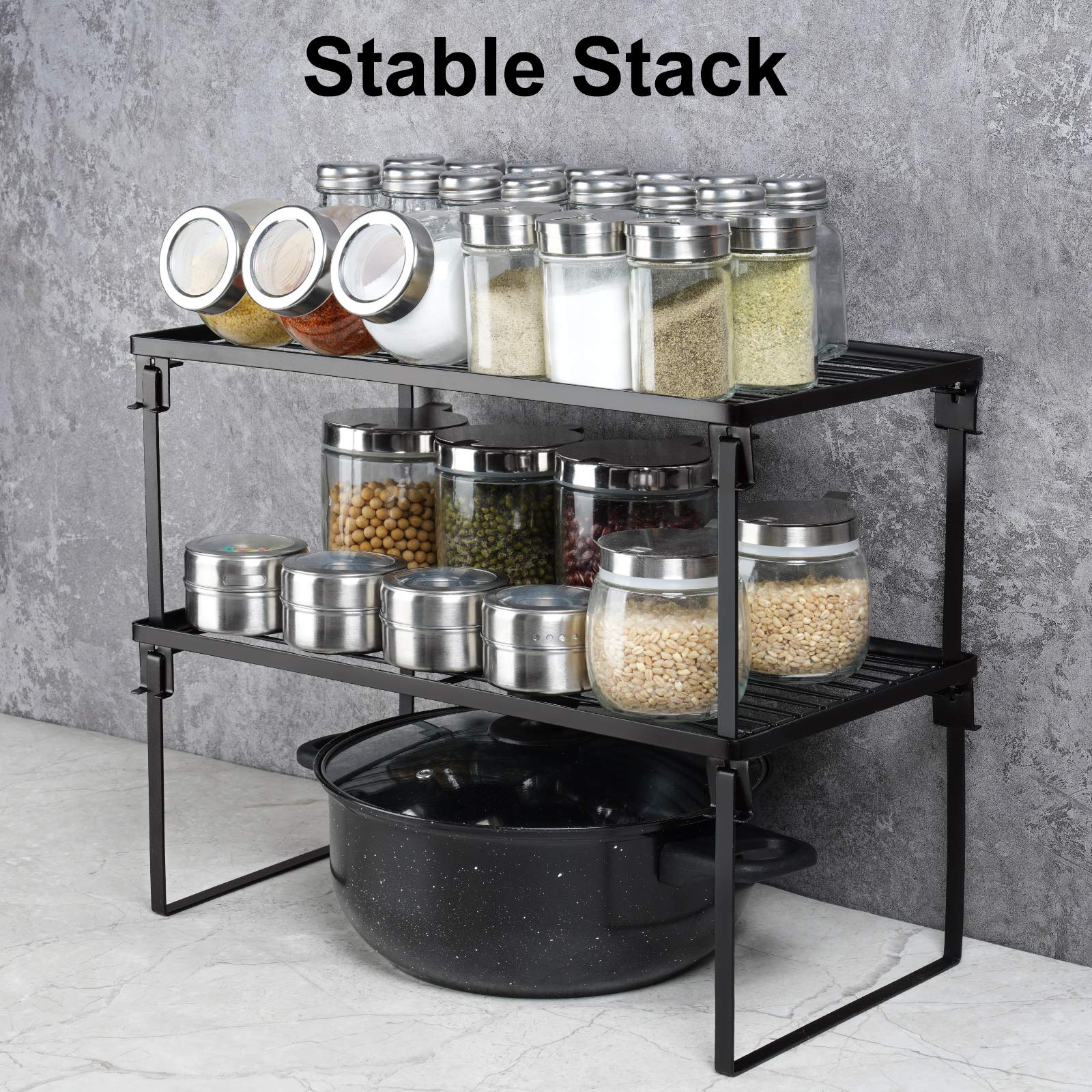 Tomorotec 2-Pack Stackable Kitchen Storage Shelf Rack - Foldable Spice Rack Cabinet Organizer for Counter & Cabinet, Perfect for Pantry, Bathroom, and Office Organization