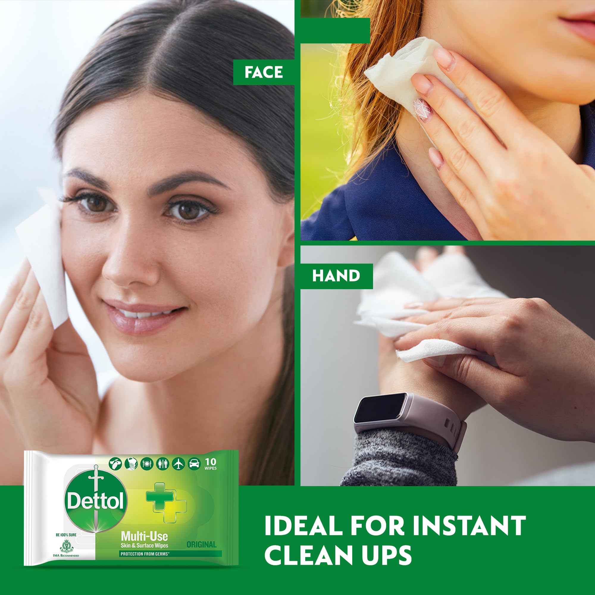 Dettol Germ Protection Wet Wipes for Skin & Surfaces, Original Scent - 10 Count Pack with Moisture-Lock Lid | Antibacterial Cleaning Wipes for Home, Office & Travel Use