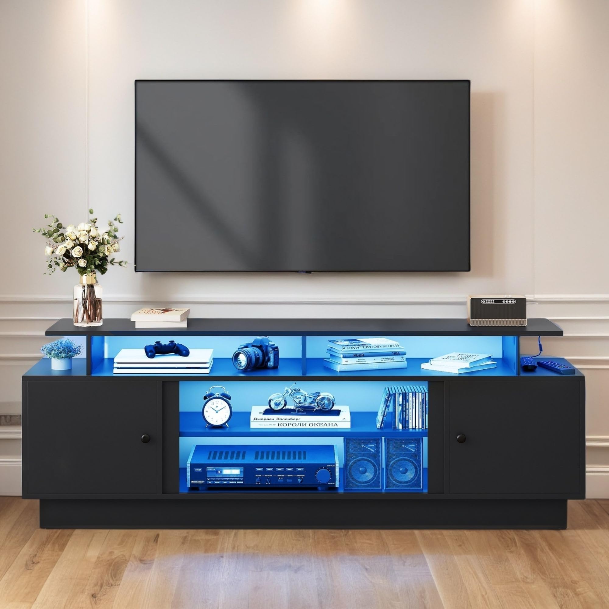 Modern TV Stand for 80 Inch TVs - Entertainment Center with LED Lights & Movable Shelves, Storage TV Console for Living Room - Perfect for Home Theater Setup & Family Movie Nights (Black)