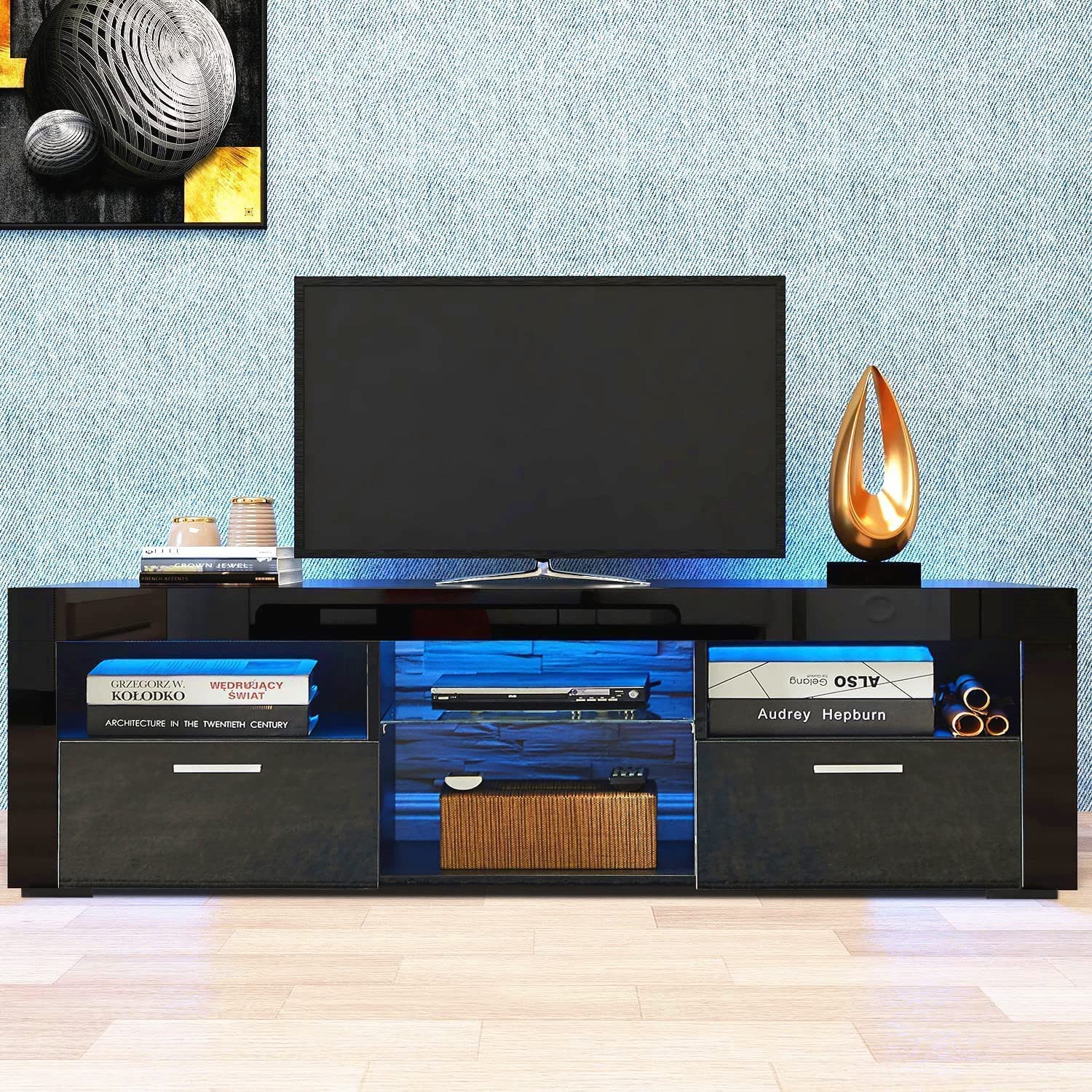 Modern Black LED TV Stand for 60-70 Inch TVs with Storage Drawers & Ambient Lighting - Entertainment Center Media Console for Living Room, Gaming & Movie Nights
