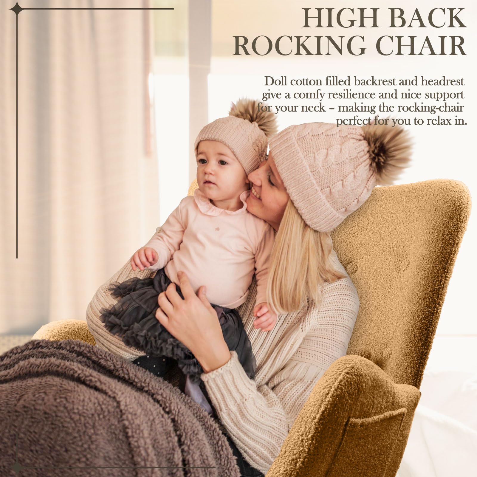 Waleaf Rocking Chair - Upholstered Nursery Rocker with High Backrest & Padded Seat, Comfortable Nursing Chair with Headrest for Bedroom, Living Room & Nursery | Perfect for Breastfeeding, Reading & Relaxing