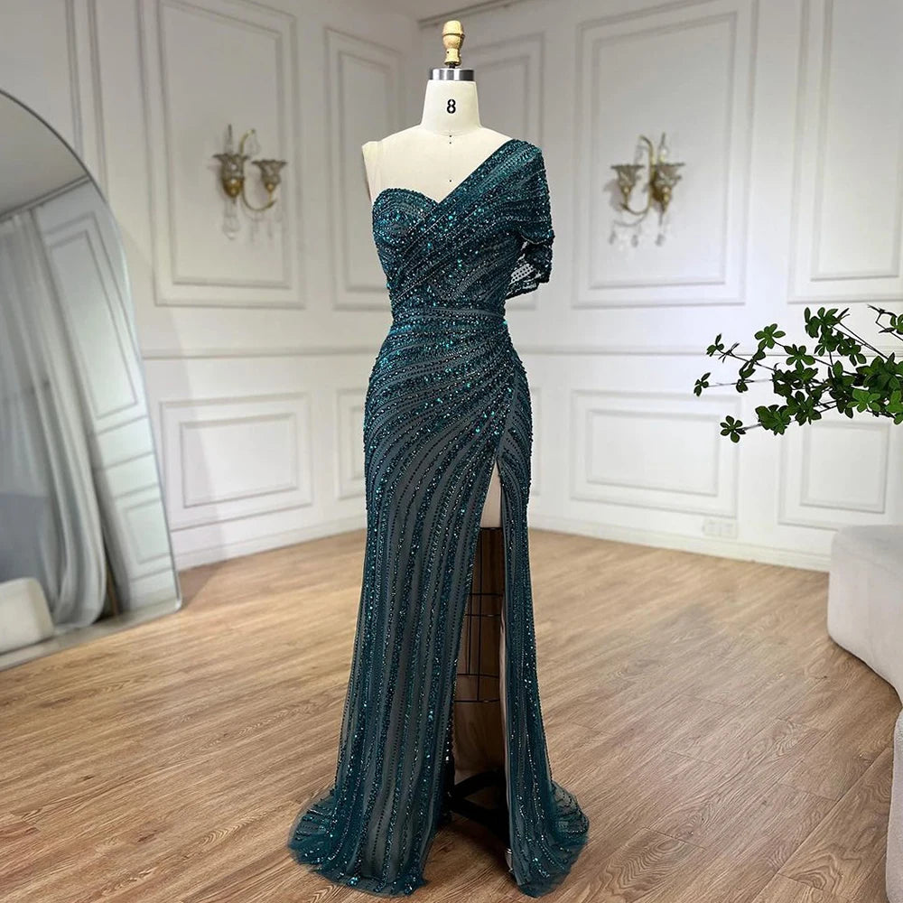 Elegant Green Mermaid One Shoulder Beaded Evening Gown for Women - High Slit Formal Dress for Wedding, Party & Special Occasions | Perfect for Prom, Red Carpet & Cocktail Events