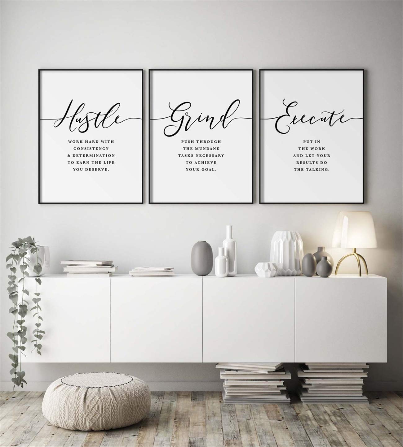 NATVVA 3-Piece Black Motivational Quote Canvas Wall Art - Inspirational Hustle & Grind Posters for Office & Home Decor - Framed Ready to Hang - Perfect for Living Room, Bedroom, or Workspace Motivation