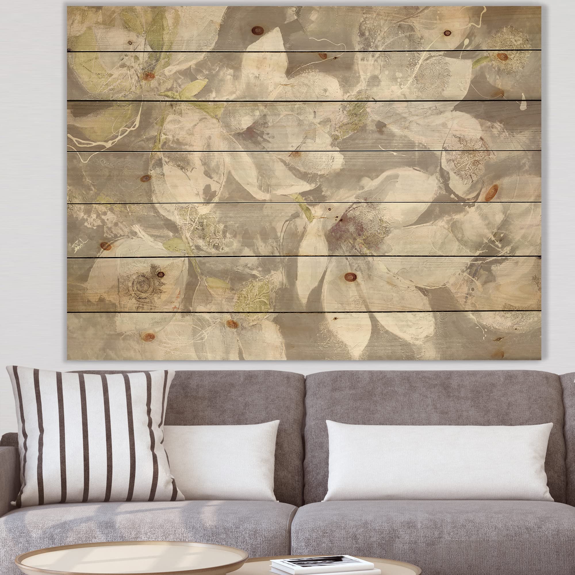 DesignQ Beige & Brown Blossoming Flowers Wood Wall Art - Traditional Wooden Decor, Large Abstract Wall Panels Printed on Natural Pine - Perfect for Living Room, Bedroom & Office Decor