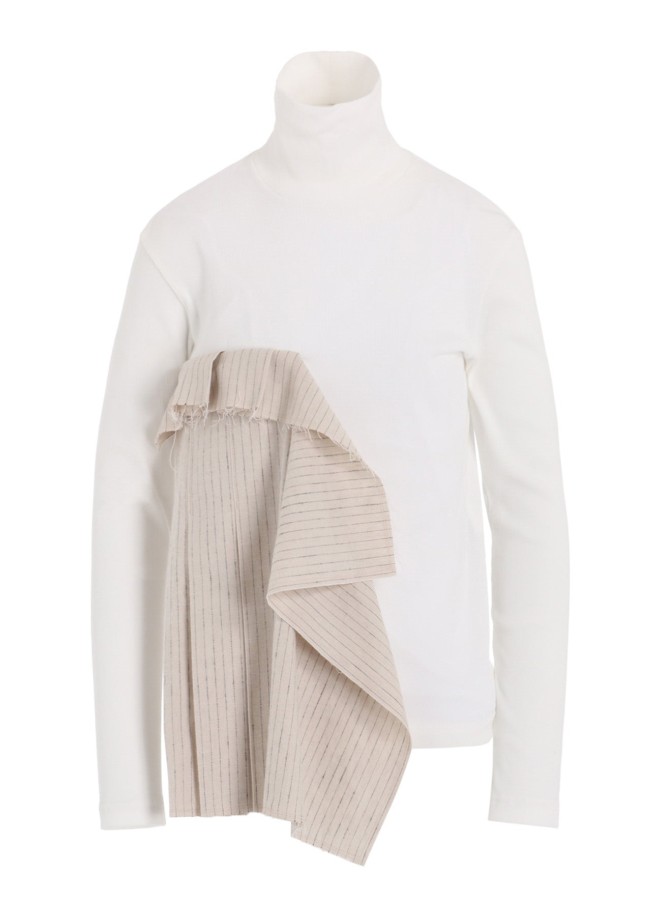 Premium Cotton Rib Jersey Long Sleeve High Neck T-Shirt with Pleated Stripes - Women's Fashion Basic Top for Casual Wear & Layering