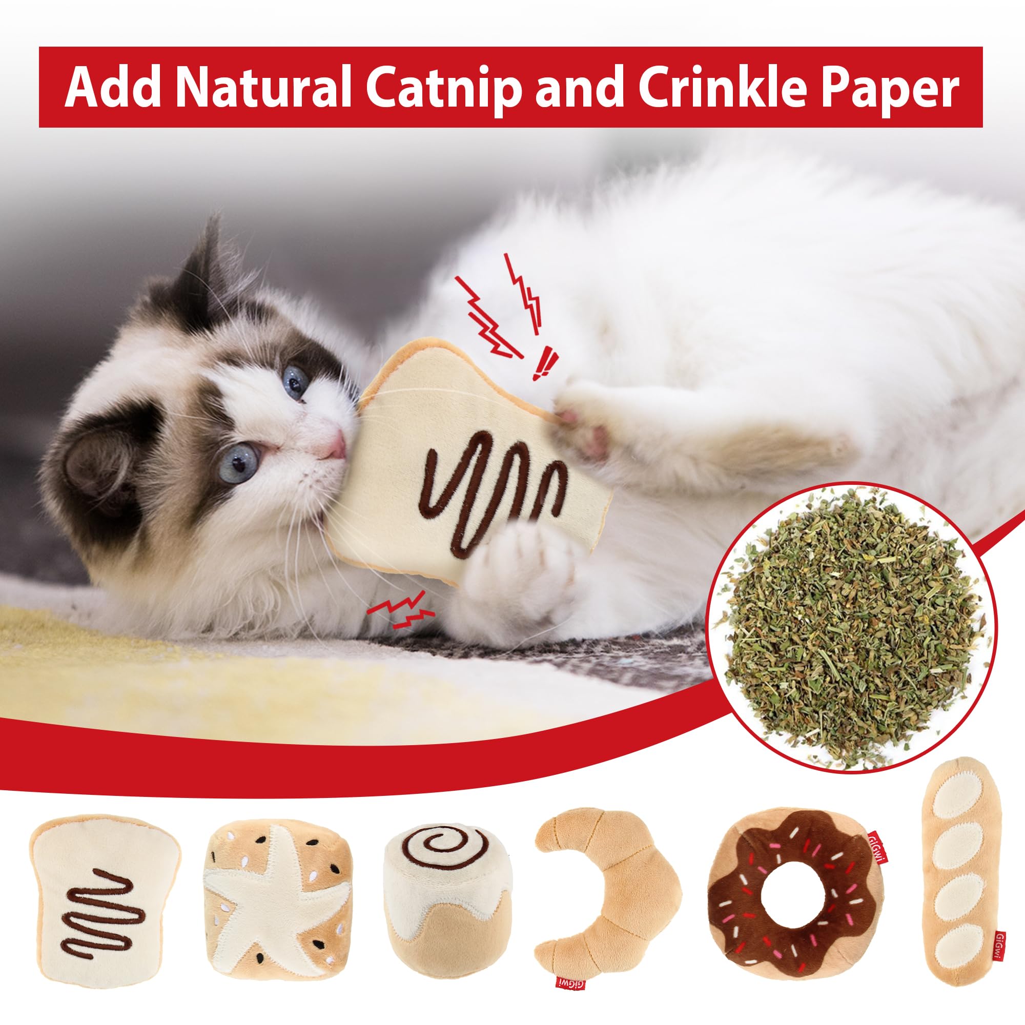 Gigwi Catnip Toys for Cats - 6 Pack Interactive Plush Cat Kicker Toys with Refillable Catnip, Crinkle Sound & Bread Design - Safe Kitten Teething Chew Toys for Indoor Play, Stress Relief & Enrichment Activities