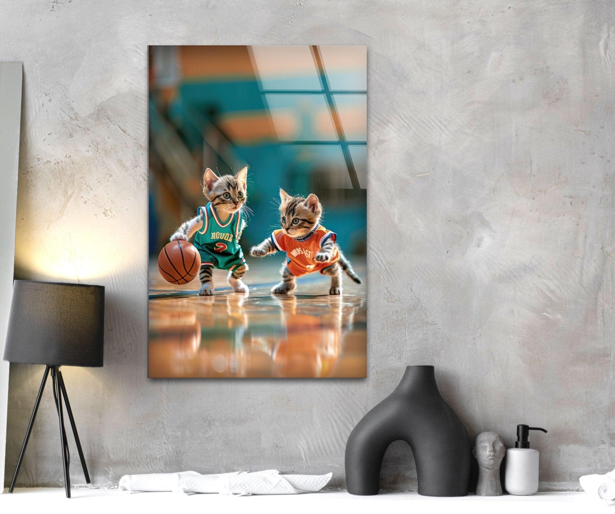 Basketball Player Cats Glass Wall Art - Unique Sports Decor for Cat Lovers - Perfect for Living Room, Bedroom, or Game Room Decorations