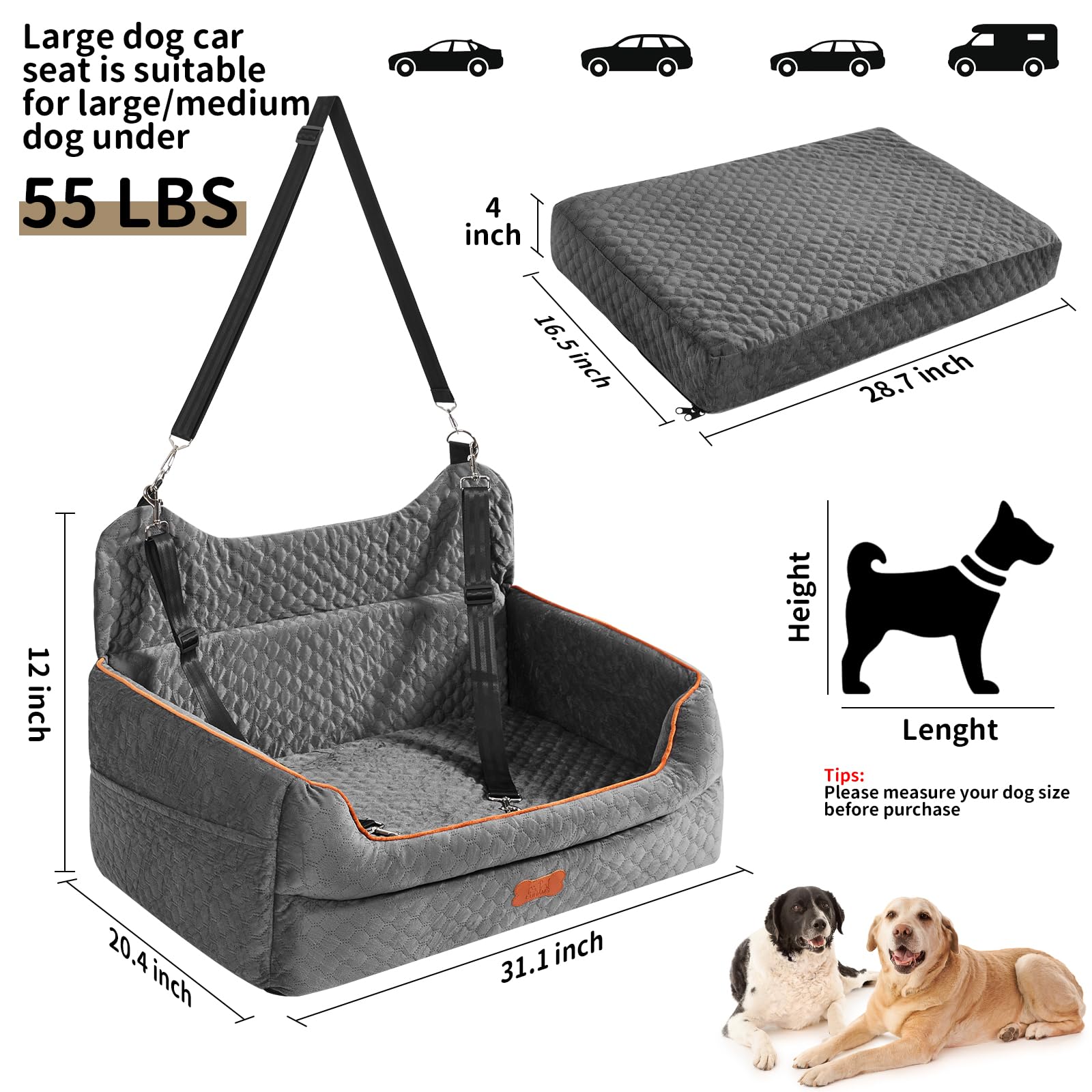 Premium Memory Foam Dog Car Booster Seat for Large & Medium Dogs (Up to 55Lbs) - Detachable Washable Travel Bed with Thick Cushion & Storage Pockets - Grey - Perfect for Road Trips, Vet Visits & Daily Commutes with Your Pet