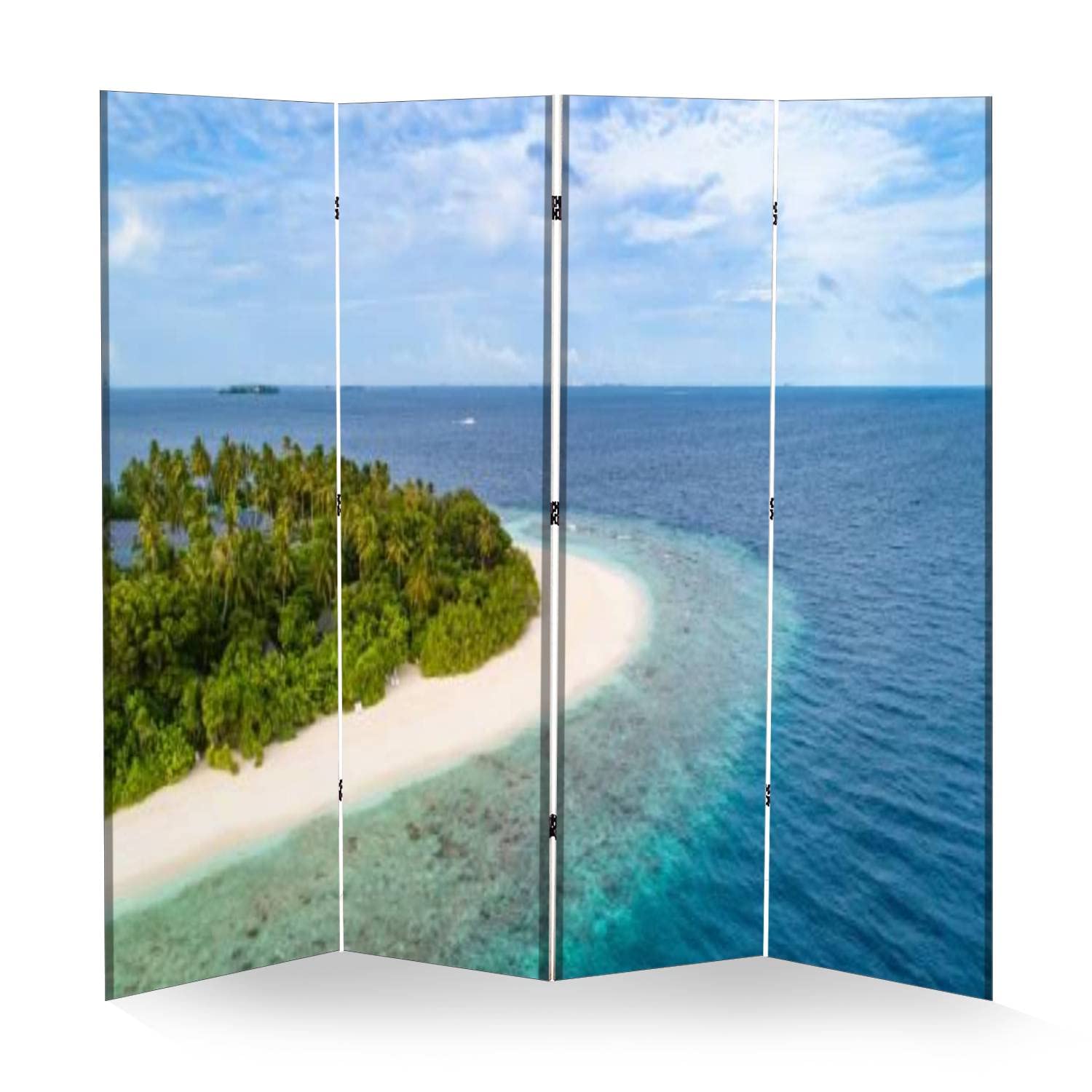 Wooden Room Divider Folding Screen - 4-Panel Privacy Partition with Canvas Design for Home & Office | Dual-Sided Wall Decor, Indoor Display Shelves | Perfect for Living Room, Bedroom, or Studio Space