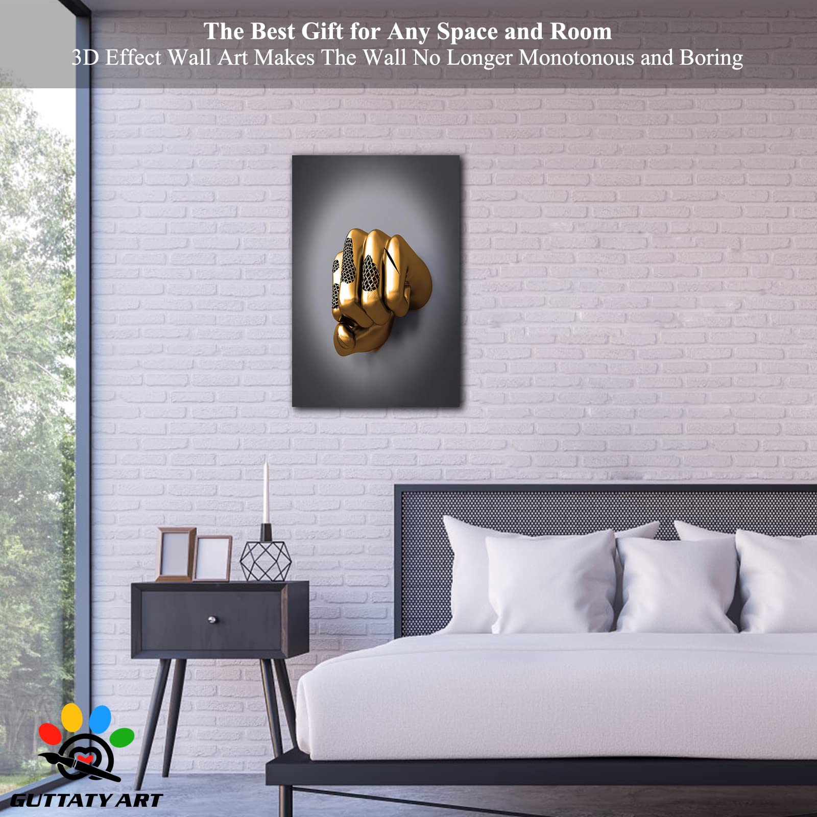 3D Metal Effect Fist Canvas Wall Art for Men's Bedroom - Modern Silver Framed Wall Decor for Living Room - Valentine's Day Gift - 12x18 Inches - Perfect for Home Office, Man Cave & Bachelor Pad Decor