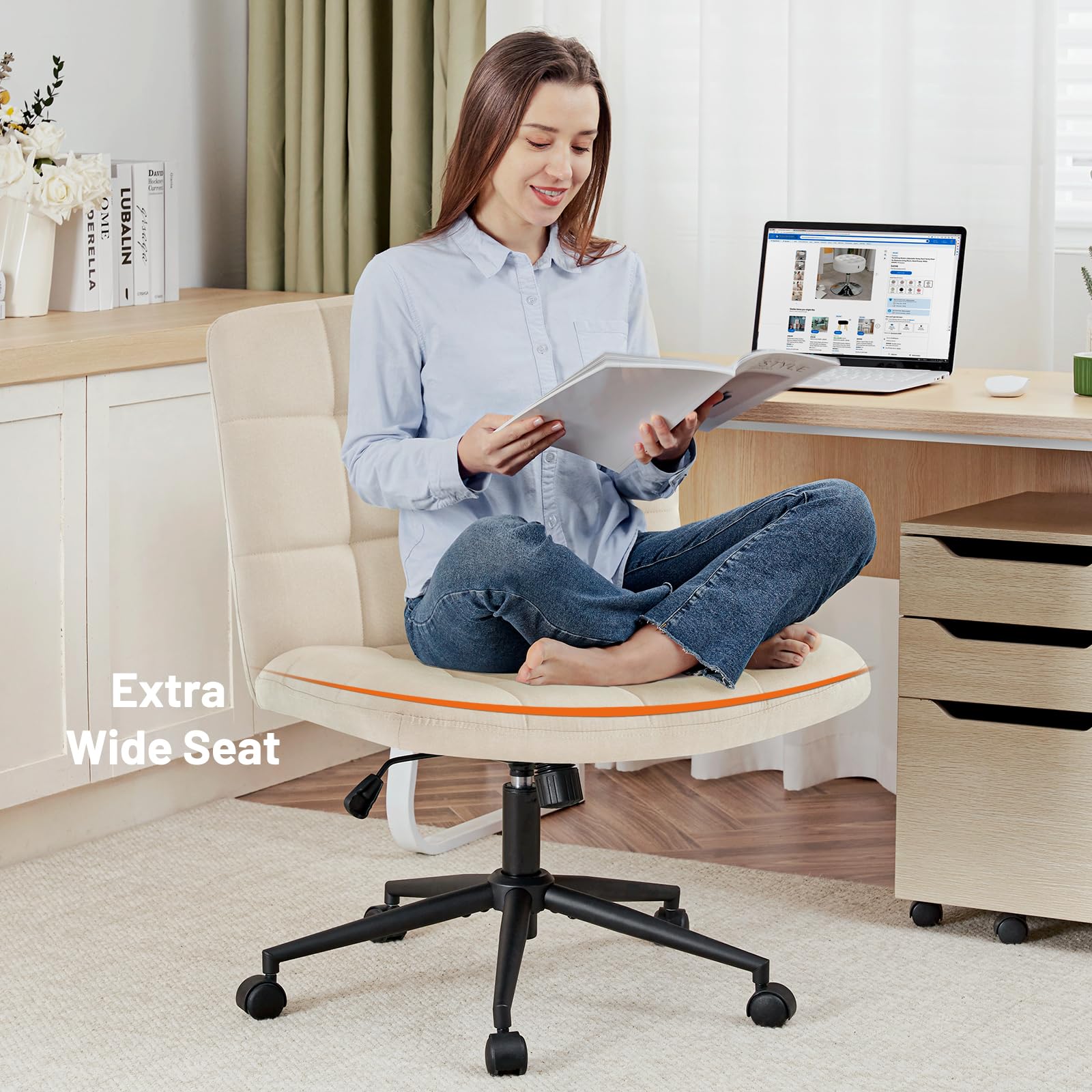 Furniliving Ergonomic Home Office Desk Chair with Wheels - Criss Cross Leg Base, Wide Seat, Armless & Height Adjustable Mid Back Swivel Chair for Work, Study, Gaming - Linen Beige Accent Vanity Chair for Small Spaces