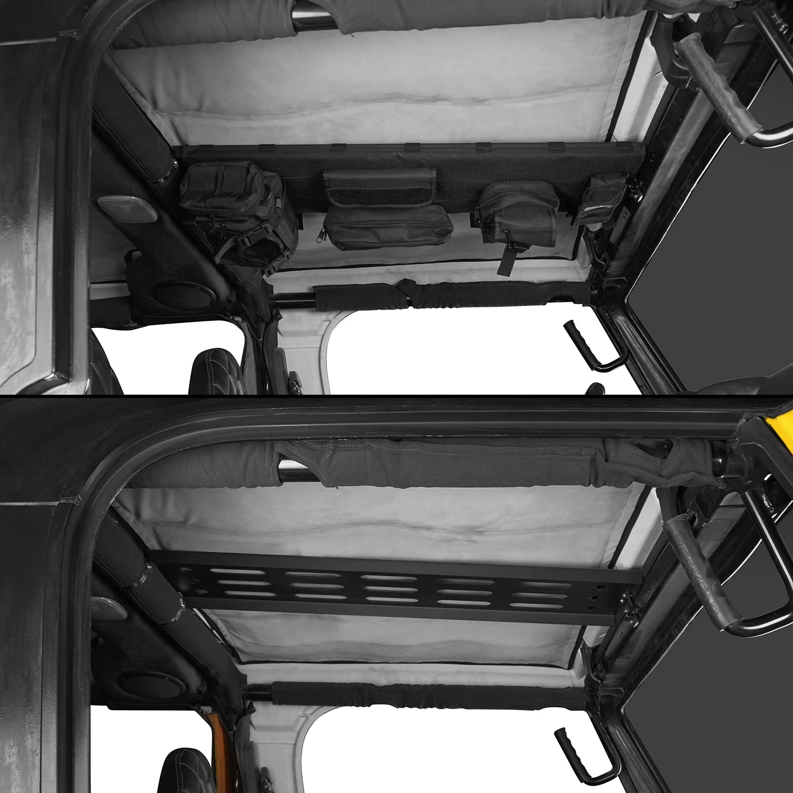 u-Box Jeep Wrangler TJ (1997-2002) Front Overhead Molle Panel Storage Bracket with Molle Pouches - Heavy Duty Organizer for Off-Road Gear, Tools & Accessories - Perfect for Camping, Overlanding & Adventure Trips