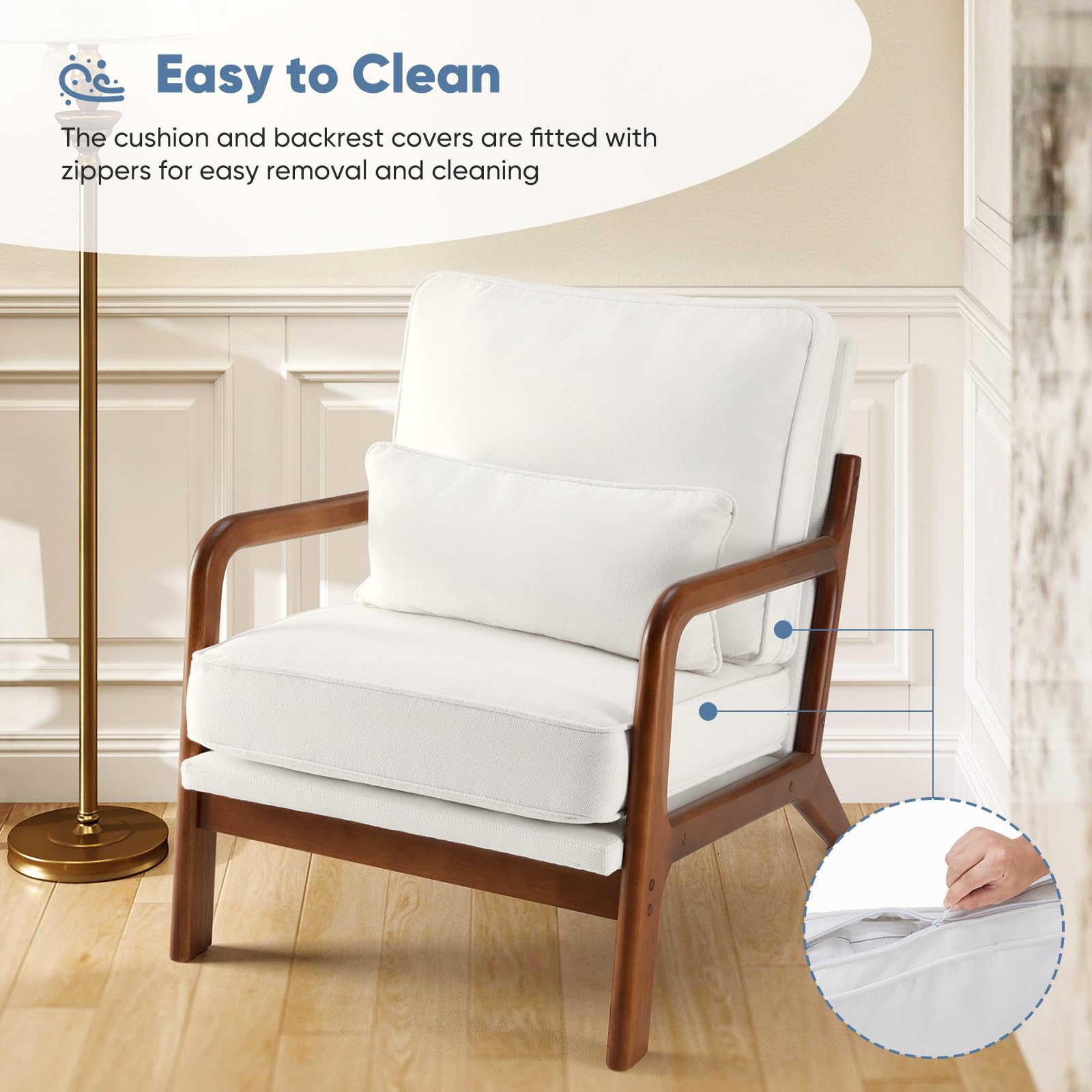 DUMOS Mid Century Modern Accent Chair with Pillow Seat - Upholstered Lounge Chair with Solid Wood Frame & Soft Cushion - Comfortable Reading Armchair for Living Room, Bedroom, Office, Balcony - Beige Home Decor