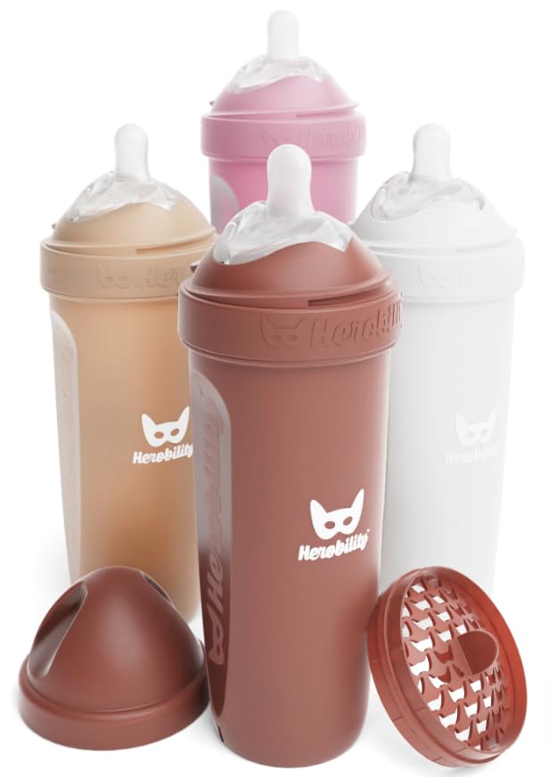 Herobility Double Anti-Colic Baby Bottles 12oz (340ml) - 4 Pack with Slow Flow Nipples - BPA-Free for Newborns & Infants - Multicolor Set (Sand, Woodchuck, Pink, White) - Perfect for Feeding, Travel & Daycare Use