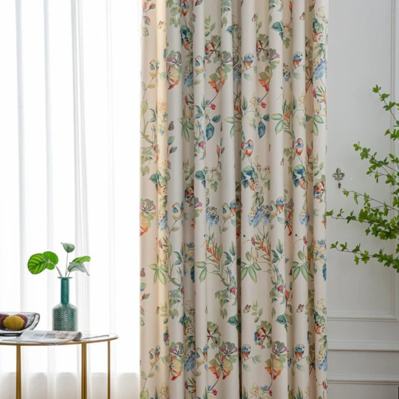 Keira Countryside Botanical Bird Print Custom Blackout Curtains for Bedroom & Living Room - Floral Bird Design for Privacy & Light Blocking