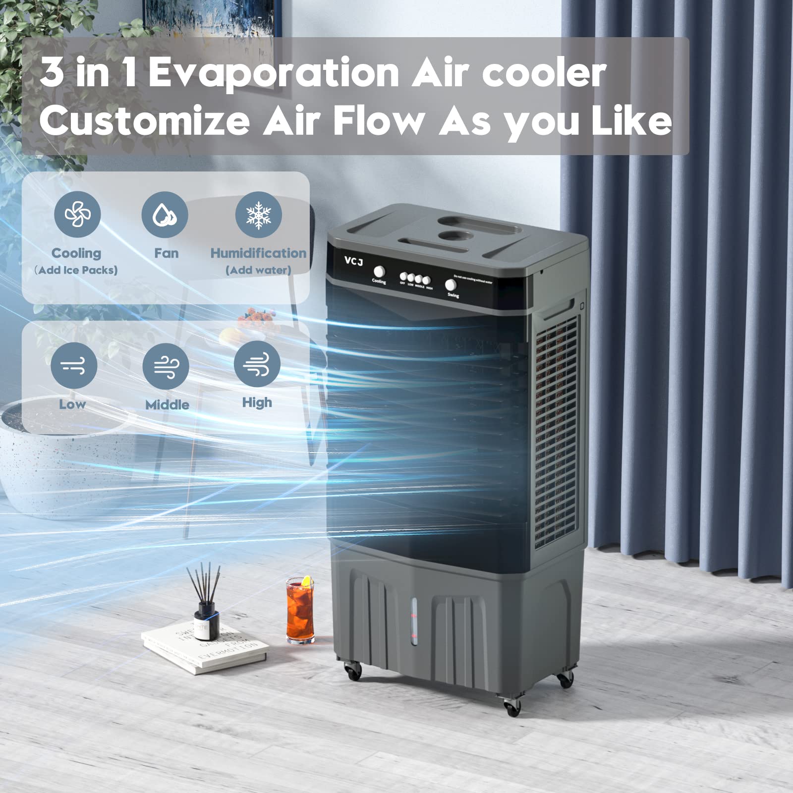Portable Evaporative Air Cooler - 3-in-1 Cooling Fan with 6 Ice Crystal Boxes, Large Water Tank & Wheels | 3-Speed Modes for Home, Office, Bedroom, Patio & Outdoor Use | Energy Efficient Personal Space Cooler