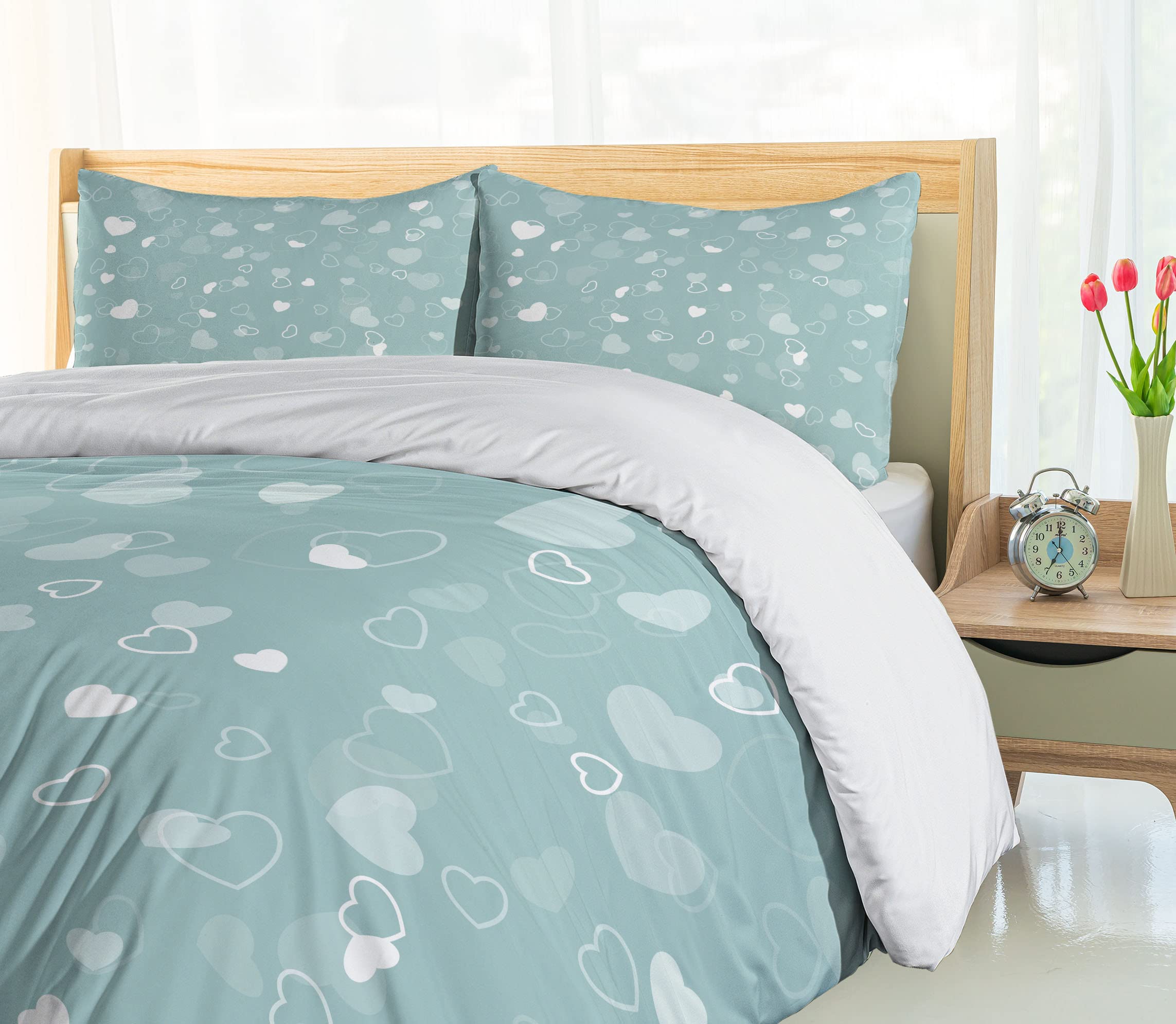 Ambesonne Seafoam Duvet Cover Set - Romantic Heart Motif Abstract Design 3-Piece Bedding with 2 Pillow Shams, California King Size, Pale Blue Seafoam - Perfect for Valentine's Day Gifts, Master Bedroom Decor & Coastal Theme Bedrooms