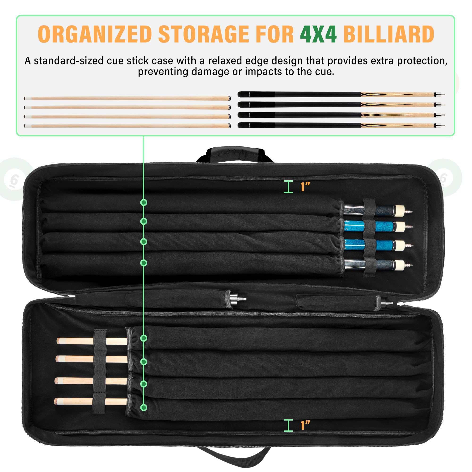 4x4 Pool Cue Case - Soft Padded Billiard Stick Holder with Adjustable Shoulder Strap & 2 Large Accessory Pockets | Perfect for Pool Players & Tournament Travel