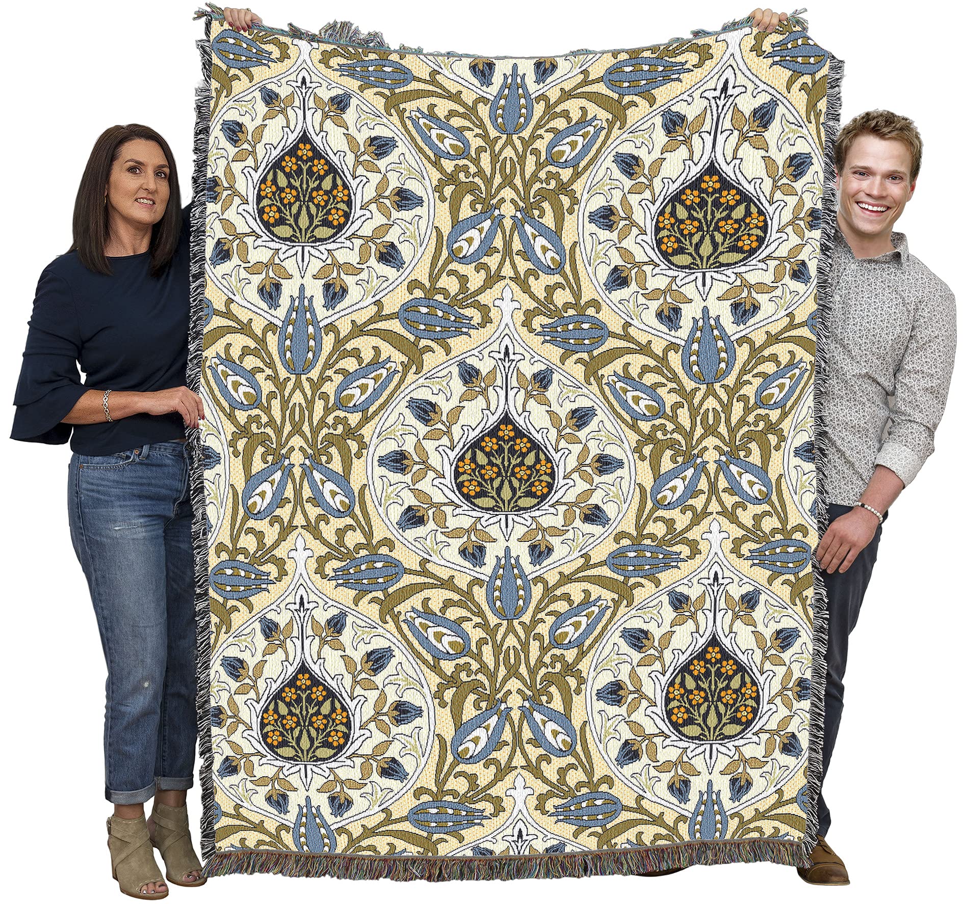 Pure Country Weavers William Morris Rosebud Blanket - Handwoven Cotton Tapestry Throw - Arts & Crafts Home Decor - Made in USA (72x54) - Perfect for Sofa, Bed & Cozy Winter Nights