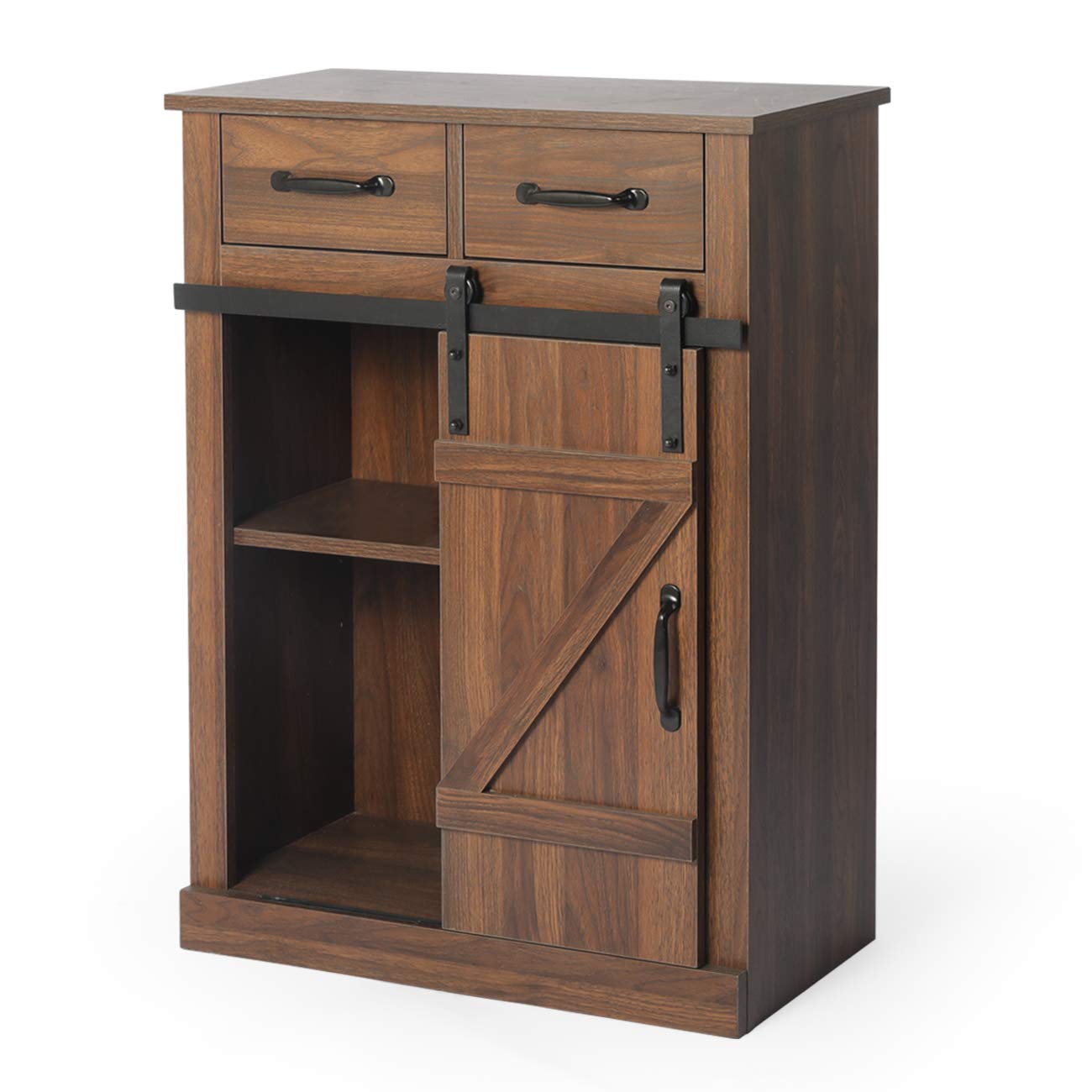 Rustic Brown Wood Wall Storage Cabinet with Sliding Barn Door - 2 Drawers & 5 Adjustable Shelves, Industrial Style Kitchen Sideboard Coffee Bar - Perfect for Living Room, Bedroom & Home Organization