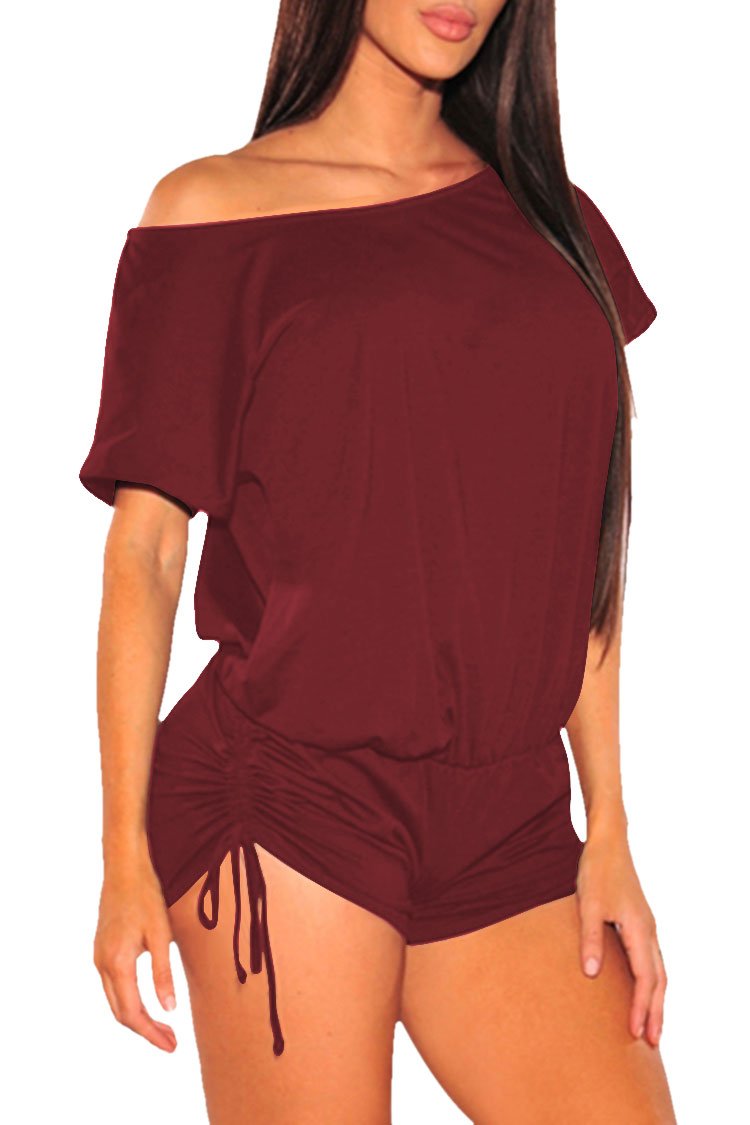 Rokiney Women's Sexy Off-Shoulder Short Sleeve Ruched Tie Side Romper Jumpsuit - Perfect for Summer Beach, Party & Night Out