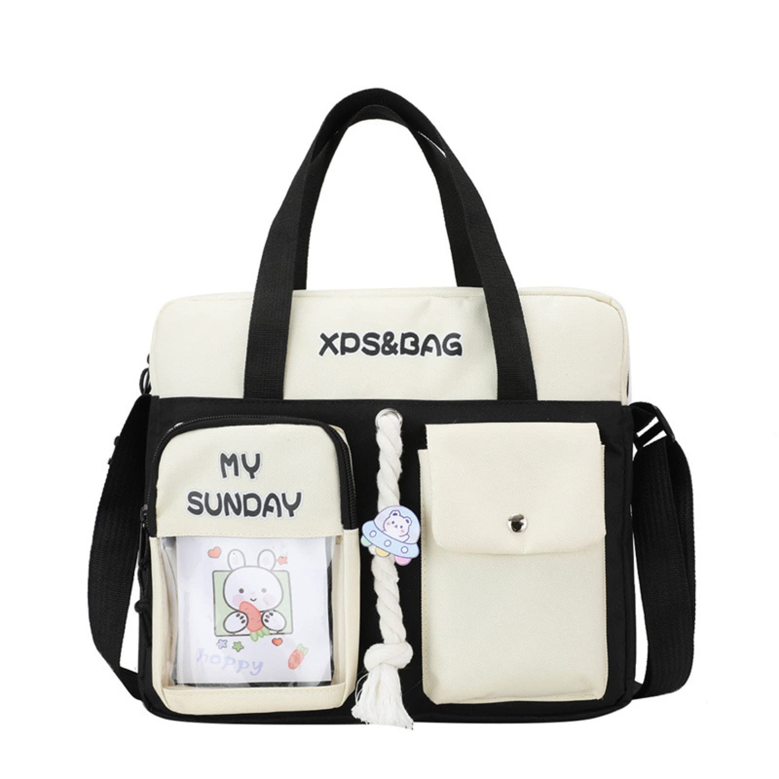 Stylish Unisex Messenger Bag - Crossbody Tote with Kawaii Bear Pins & Japanese Plaid Design - Perfect for School, Work & Travel - Laptop Shoulder Bag with Multiple Pockets (Black, One Size) - Ideal for College Students, Office Commute & Daily Errands