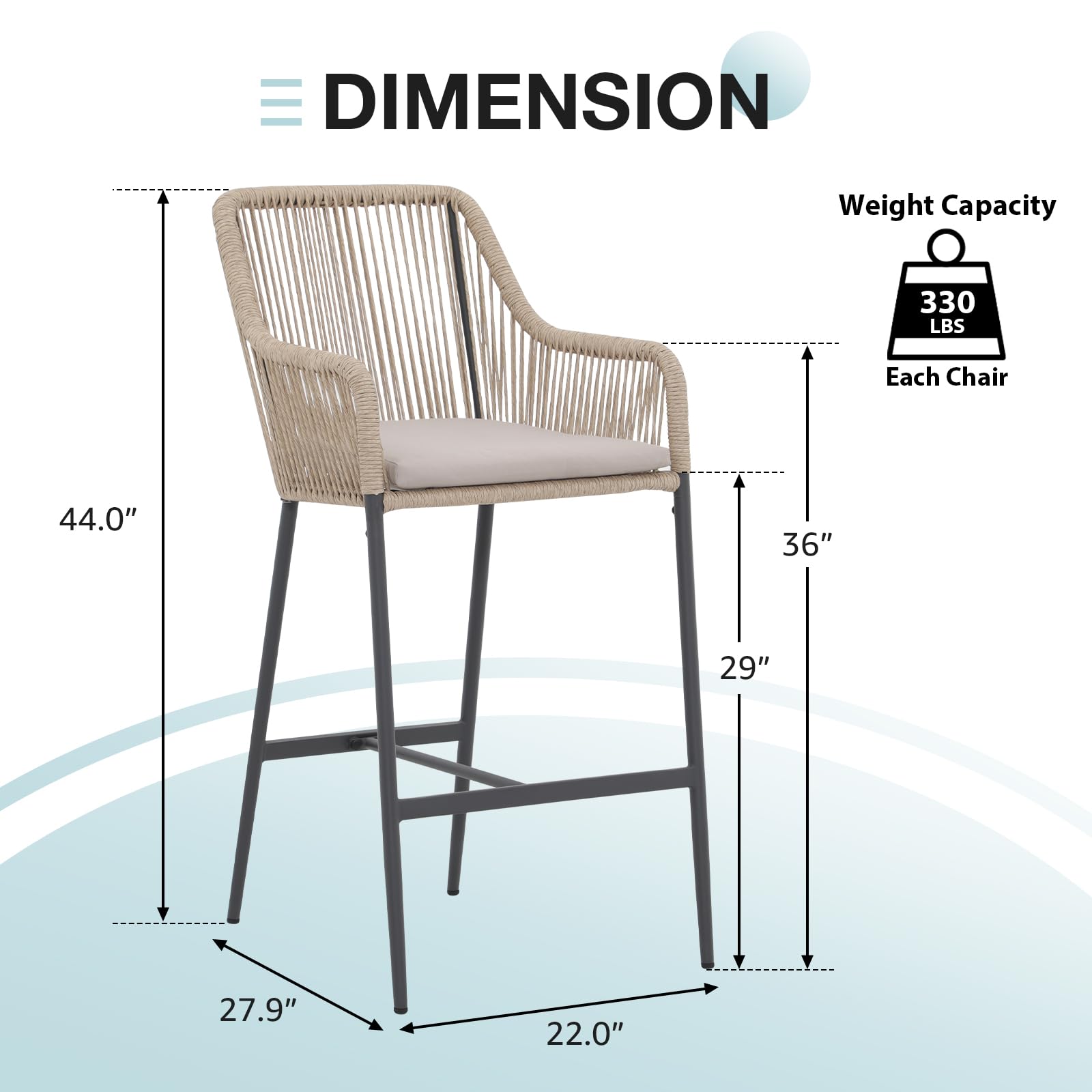 COBANA 2-Pack Outdoor Bar Stools - 36 Inch Bar Height Patio Chairs with High Back Support, Footrest & Armrests, Beige Weather-Resistant Dining Chairs for Backyard, Deck, Poolside & Outdoor Entertaining