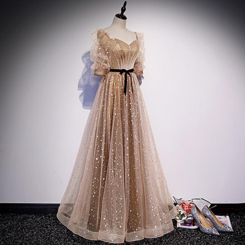 Elegant Gold Evening Formal Dress with Mid Sleeves - Sparkly Long Prom Gown for Women - Perfect for Prom, Homecoming, and Special Occasions