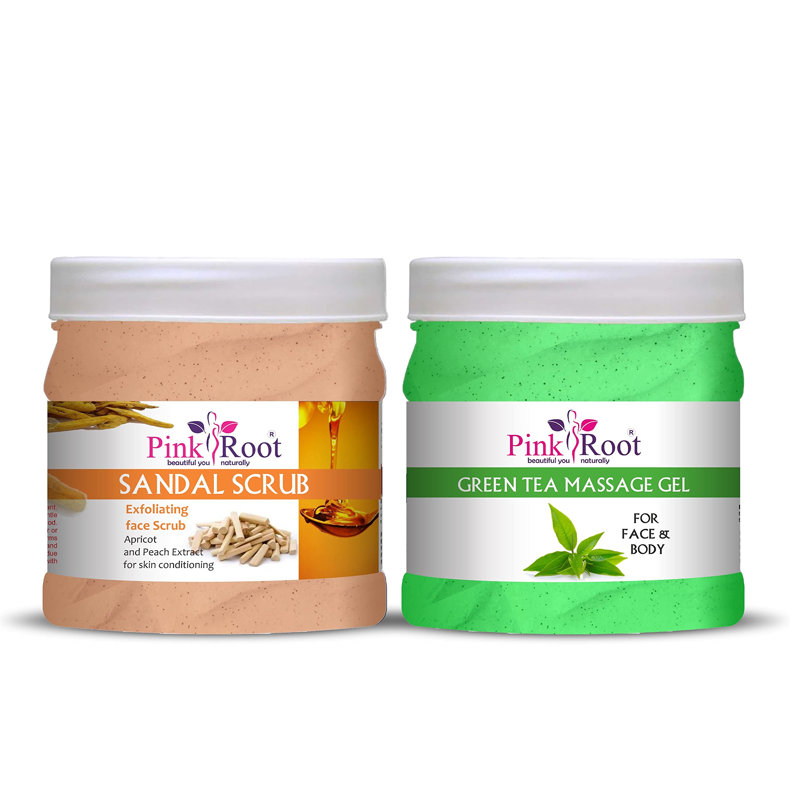 Pink Root Green Tea Massage Gel & Sandal Scrub Set - 500ml Each | Organic Skincare for Relaxation & Exfoliation - Perfect for Spa Day & Self-Care Routine