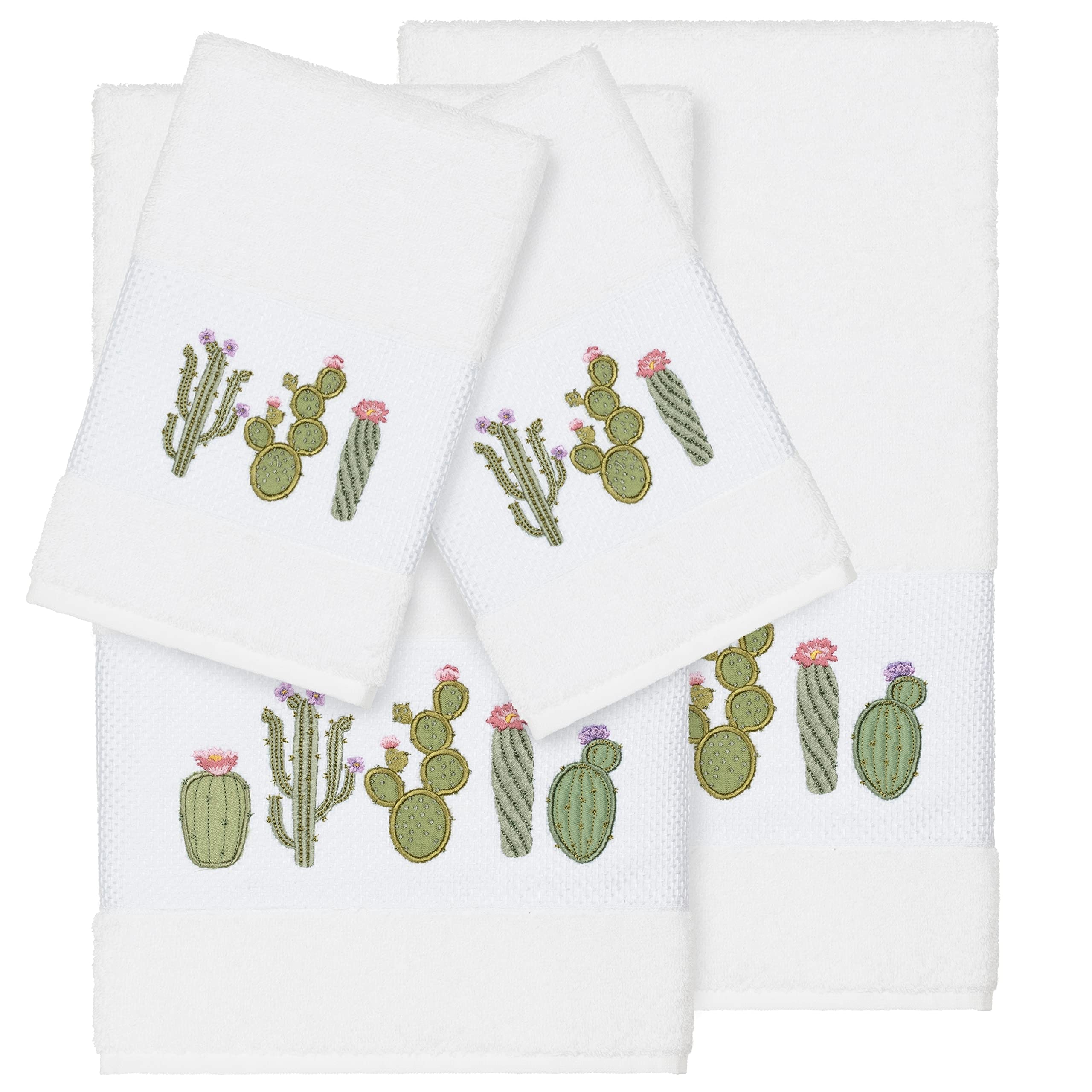 Premium Turkish Cotton Cactus Embroidered White 4-Piece Bath Towel Set - Soft & Absorbent for Bathroom, Spa, and Beach Use