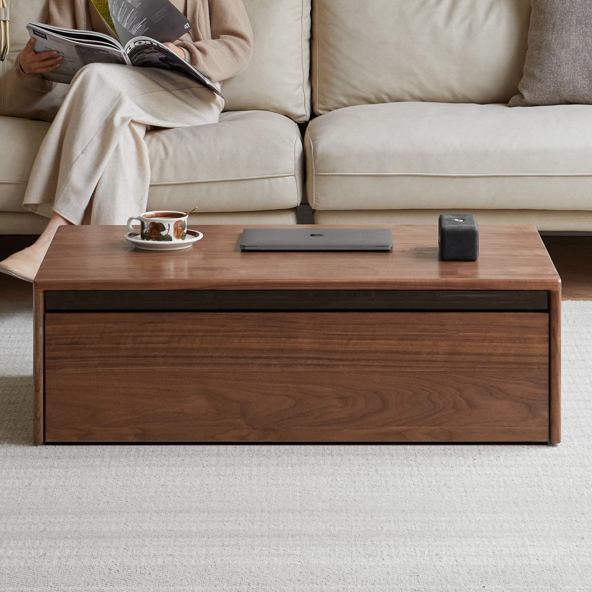 Modern Minimalist Black Walnut Solid Wood Coffee Table - Handcrafted Mid-Century Style Living Room Centerpiece for Home Decor