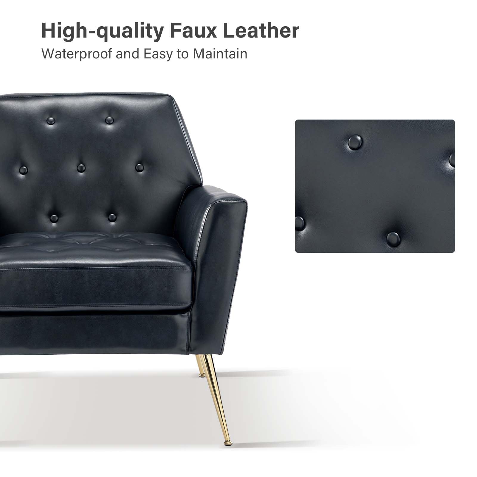 HULALA HOME Modern Faux Leather Accent Chairs Set of 2, Navy Blue Upholstered Armchairs with Gold Metal Legs - Button Tufted Living Room Furniture for Bedroom, Office & Lounge - Comfortable Seating for Home Decor