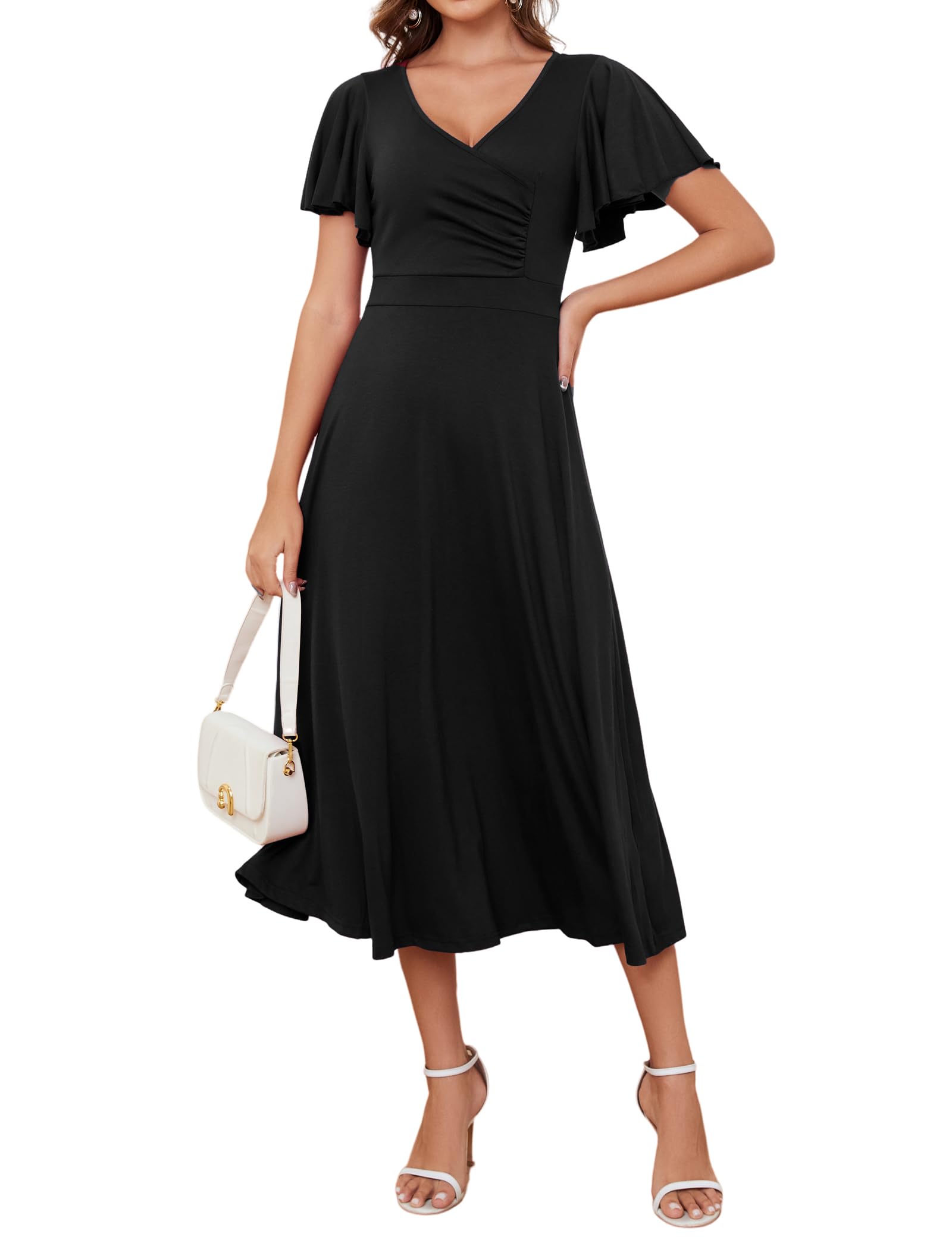 MidnightSun Women's Wrap V-Neck Cocktail Party Midi Dress with Ruffle Short Sleeves - Elegant Formal Wedding Guest Dress for Evening Events, Bridal Showers & Special Occasions