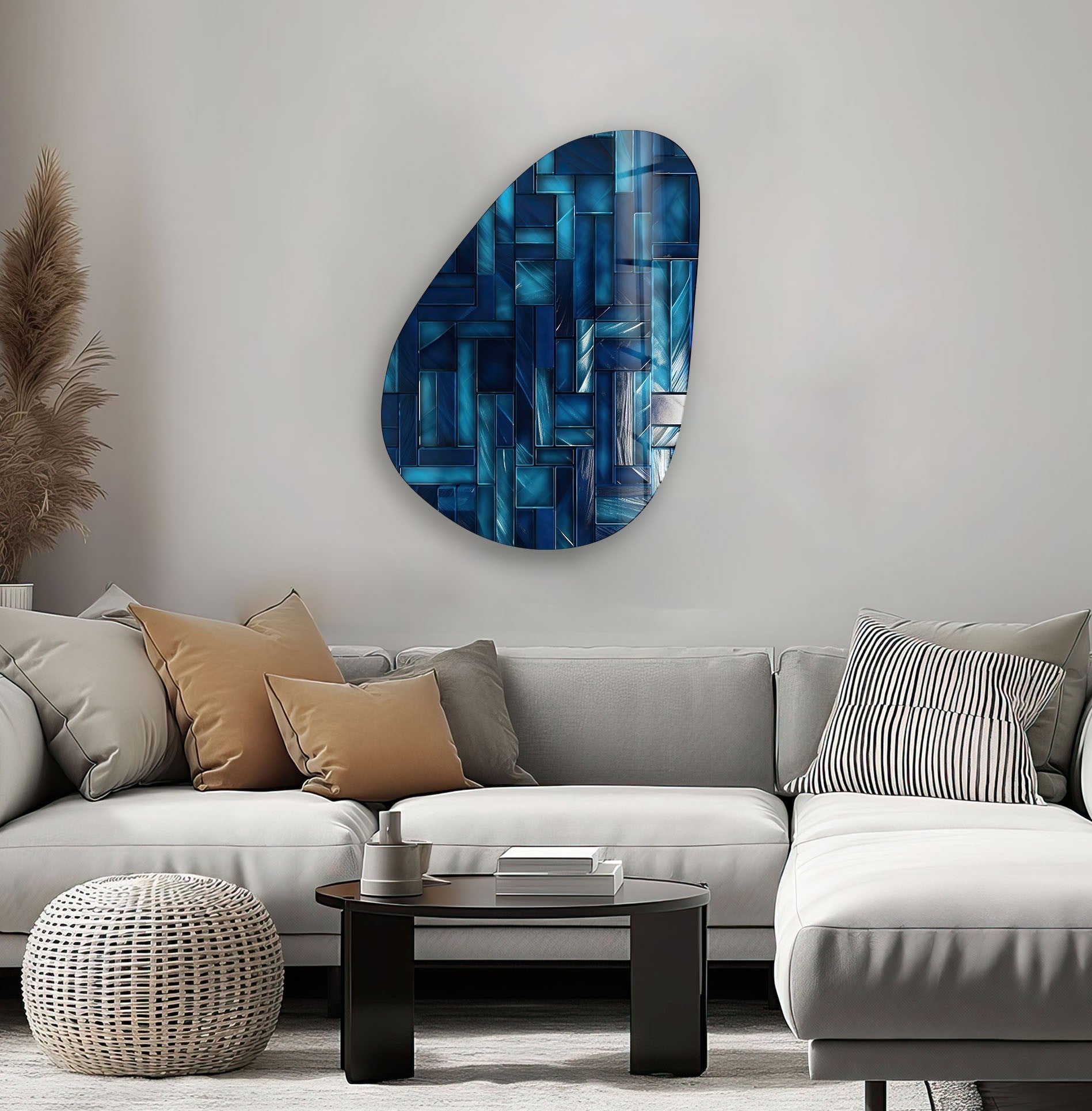Asymmetrical Oval Navy Blue Lines Glass Wall Art - Modern Abstract Home Decor for Living Room, Bedroom & Office - Handmade Glass Wall Hanging for Unique Interior Design