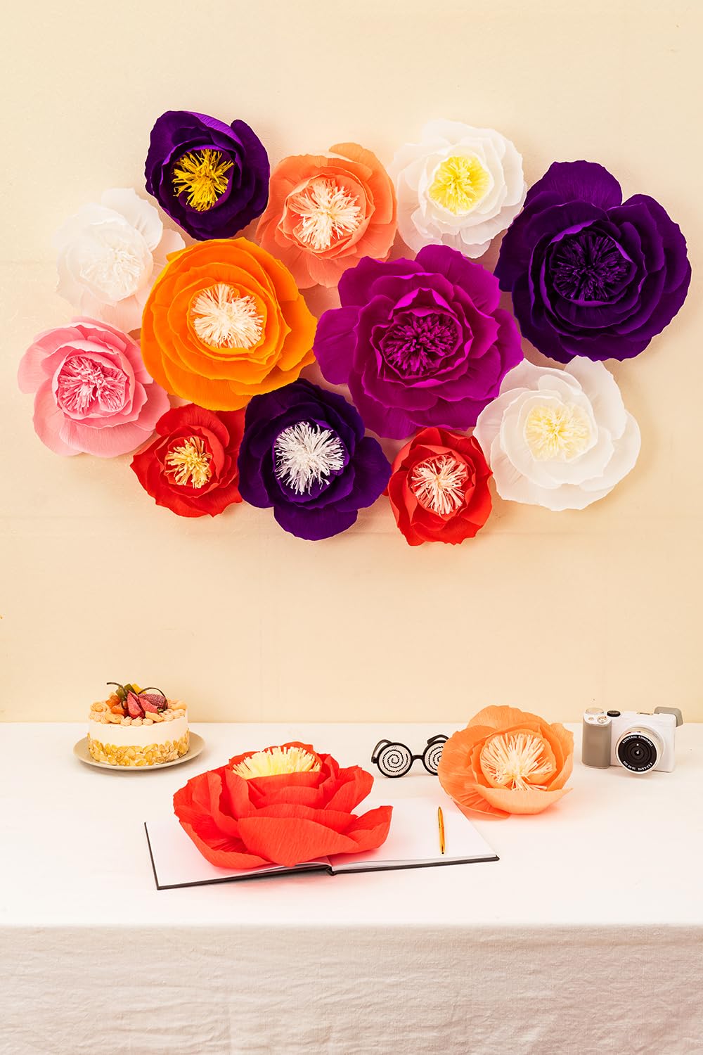 White Crepe Paper Flowers Set of 6 - Wedding, Baby Shower & Party Decor