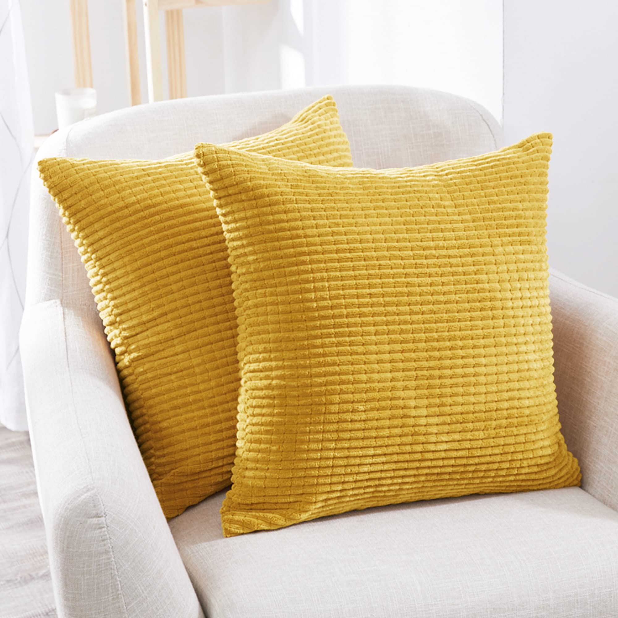 Deconovo 22x22 Inch Spring Pillow Covers - Soft Corduroy Striped Cushion Covers with Invisible Zipper (Pack of 2, Dijon Yellow) for Sofa, Couch & Bed Decor | Cozy Home Accents & Seasonal Living Room Refresh