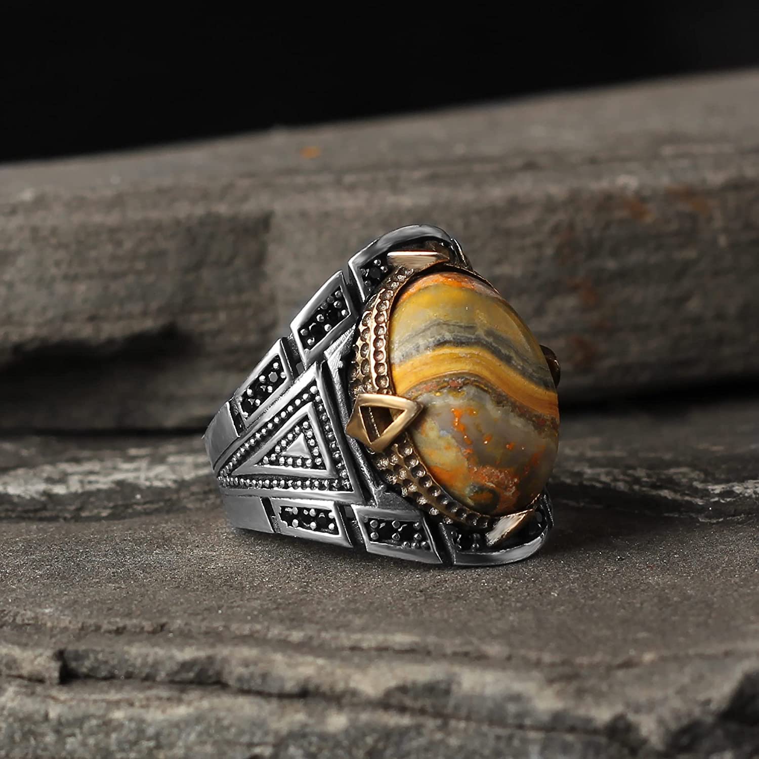 925 Sterling Silver BumbleBee Jasper Gemstone Ring for Men - Handmade Ottoman Turkish Style Jasper Jewelry - Unique Boyfriend Gift for Anniversary, Birthday & Special Occasions - Perfect for Date Nights, Weddings & Formal Events
