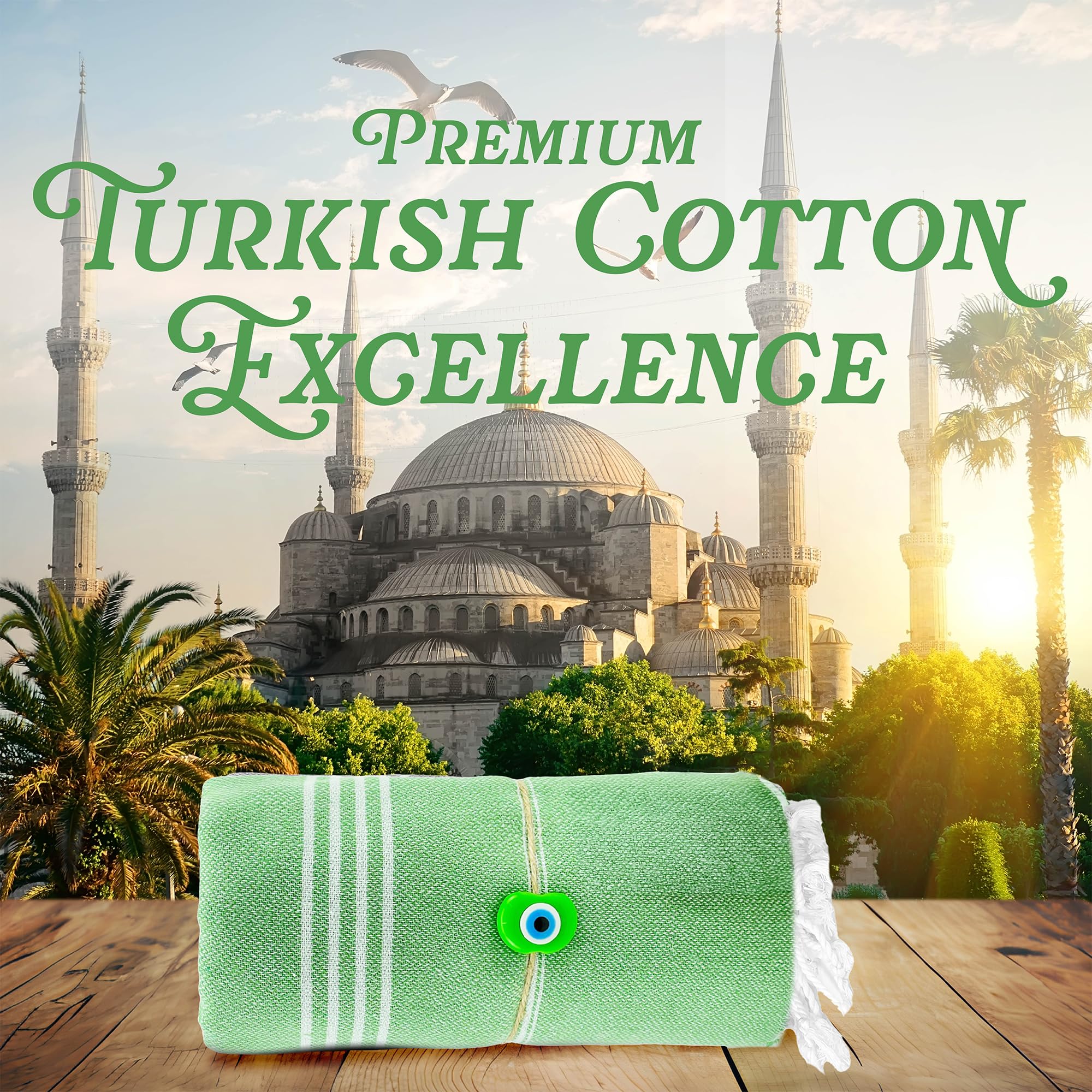 East'N Blue Lina Peshtemal Turkish Cotton Beach Towels - Lightweight, Quick-Dry, Soft & Absorbent 100% Cotton Oversized Towel for Beach, Pool, Gym, Travel | Perfect for Sunbathing, Yoga & Spa Days - Green